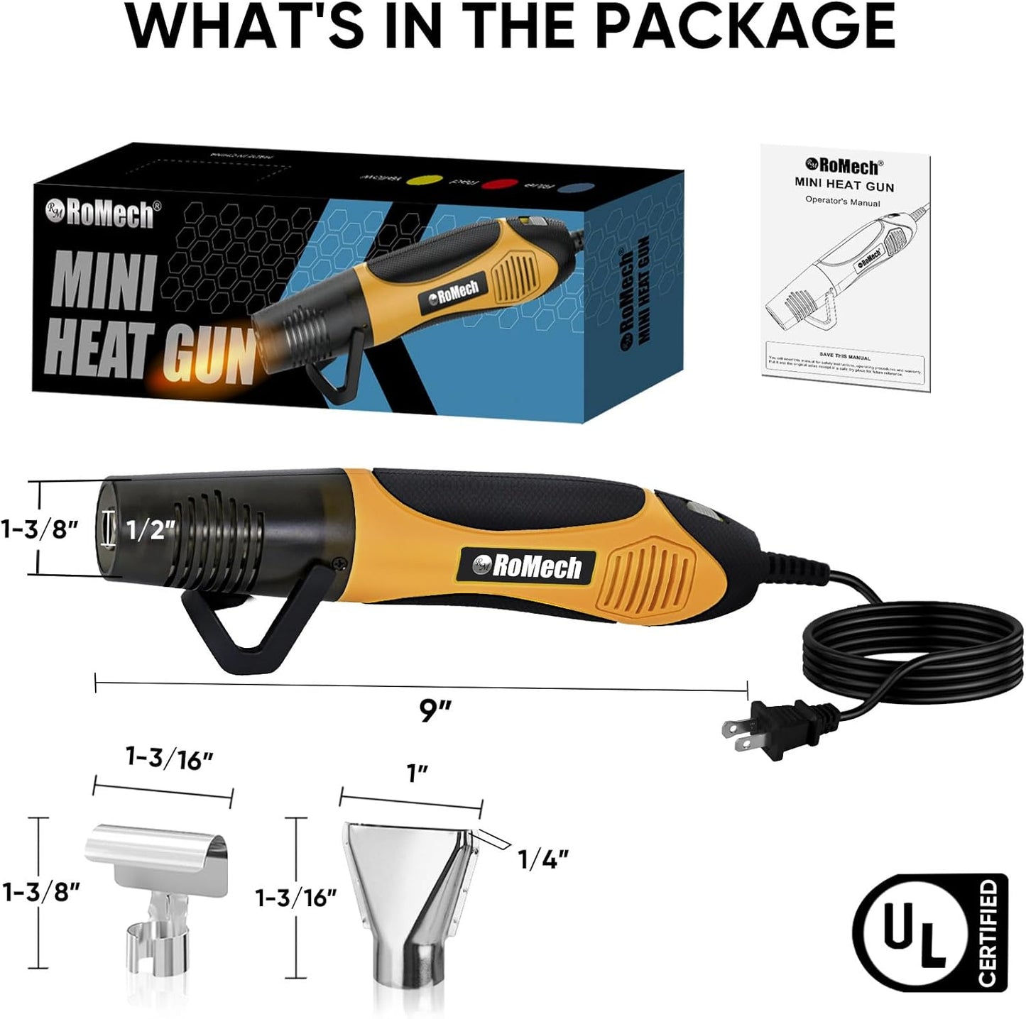 ROMECH 350W Heat Gun with 2 Nozzles, Dual Temp Heat Gun 400°F-660°F, Fast Heat Hot Air Gun with Overload Protection for DIY Craft Embossing Shrink Wrapping (Orange)