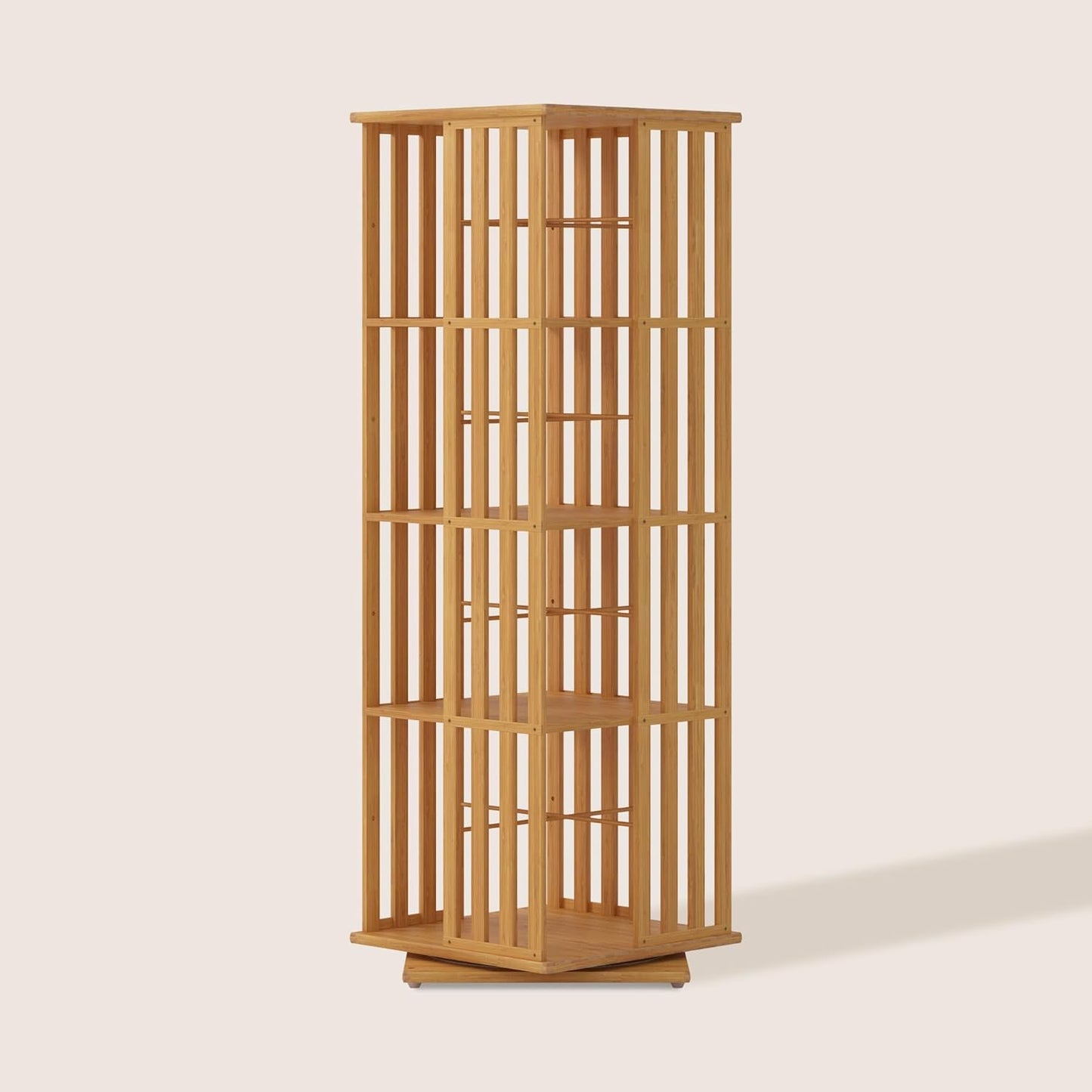 XIMN 360° Rotating Bamboo CD/DVD Shelf - 6-Tier Space-Saving Media Storage Cabinet for Movies, Organizer with Super Compact Design (Nature, 4 Tier)