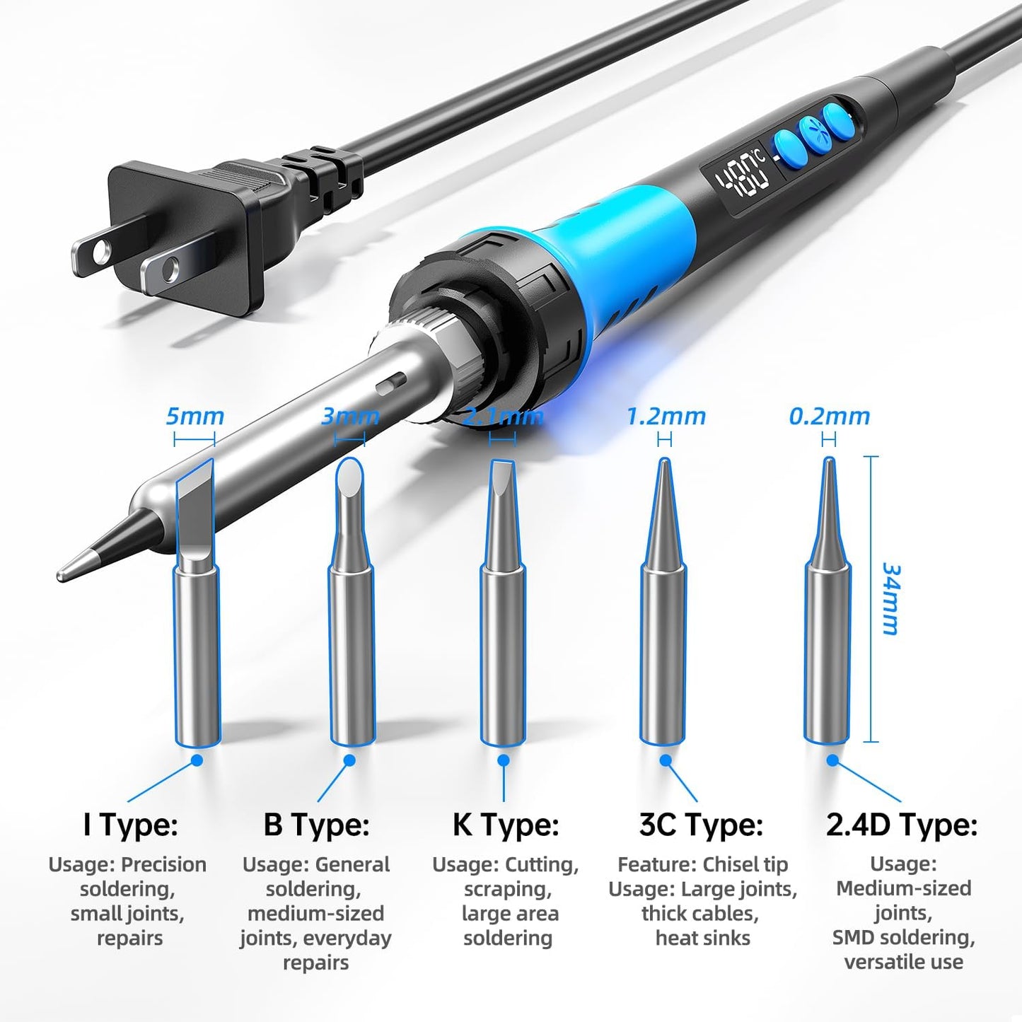 Soldering Iron Kit, 90W 110V LCD digital soldering gun，12-in-1 Soldering Iron Kit Tool，Temperature adjustable from 180-480°C，5 soldering tips，soldering wire，soldering paste，soldering pump