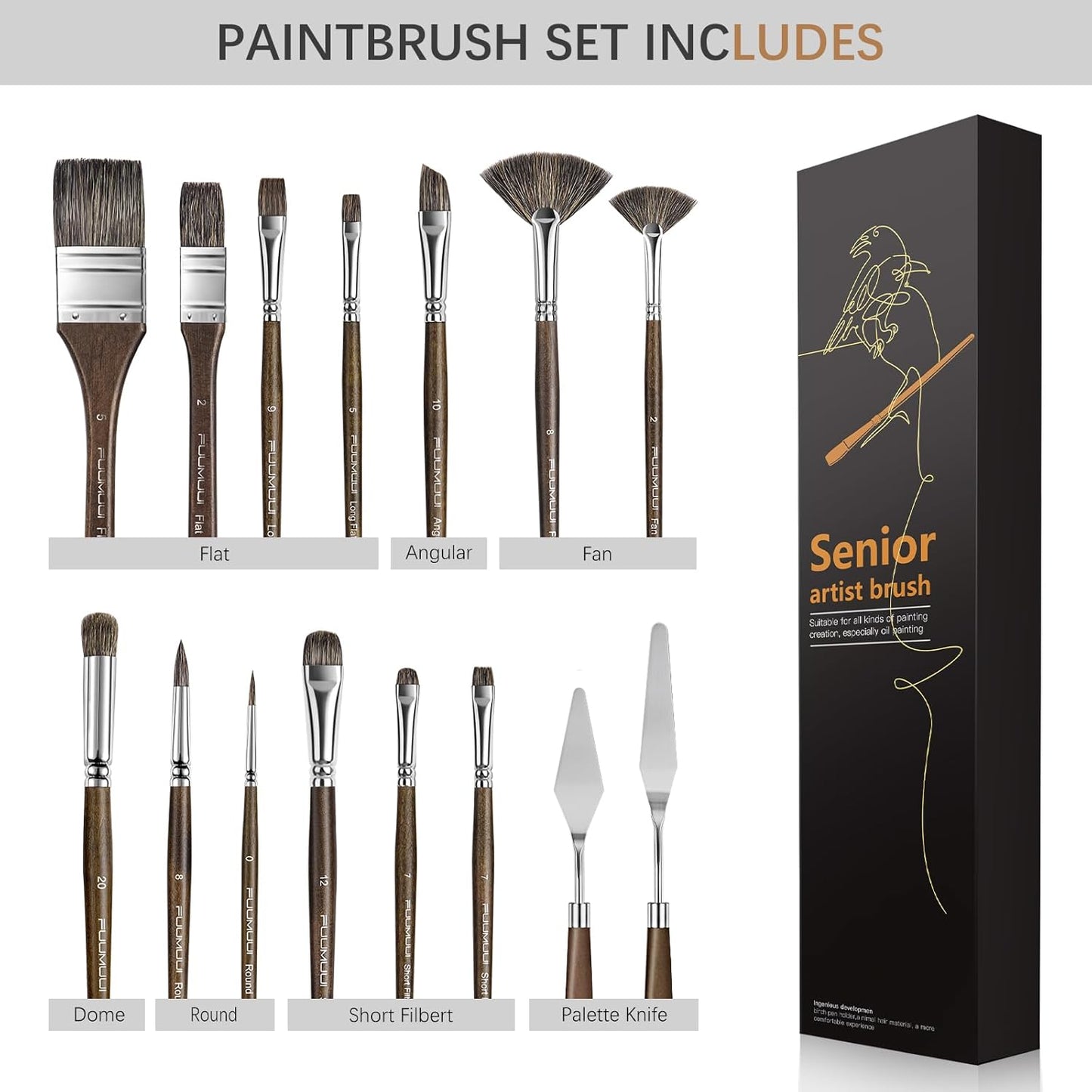 Oil Paint Brush Set, 15Pcs Fuumuui Professional Paint Brushes Natural Badger Bristle with Flat, Fan, Angle, Round, Filbert for Oil, Acrylic Canvas Paintings with 2pc Palette Knife