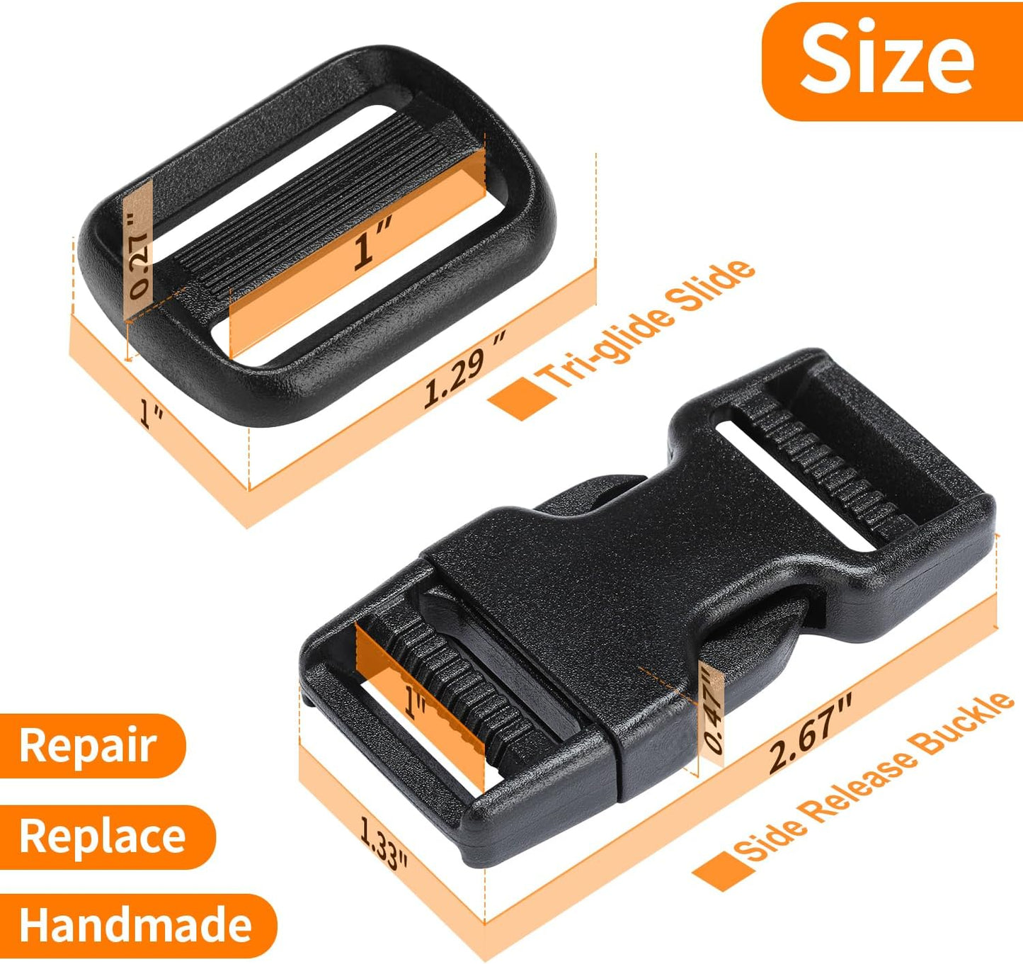 Buckles and Straps Set 1": 6 Yards of Thick Nylon Webbing, 6-Pack Heavy Duty Adjustable Quick Side Release Plastic Buckles, 12 Tri-Glide Slide Clips, Black (1-Inch Combo Set)