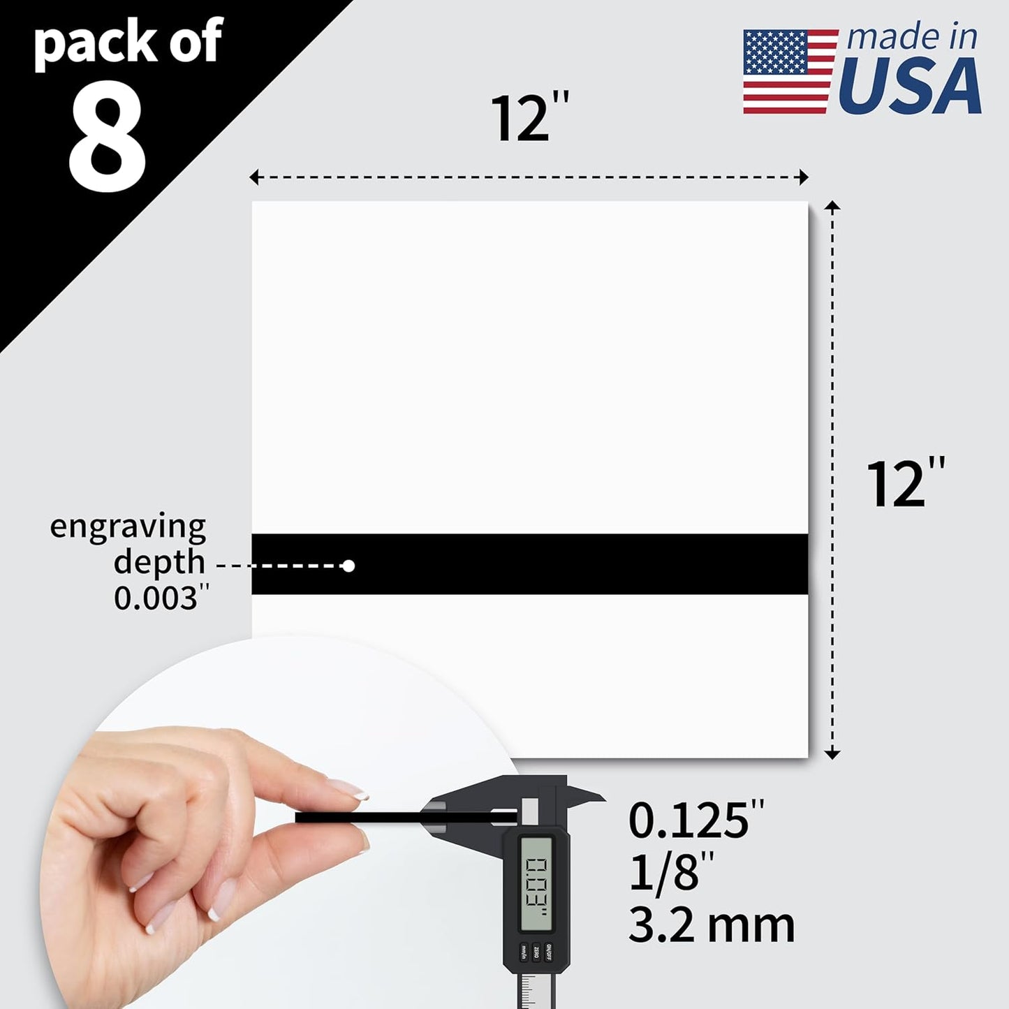 Trotec TroLase | 12"x12"x1/8", 8 Pcs | White/Black/White | 3 Ply | Modified Acrylic | Laser Engraving Double Color Plastic Sheet | Engraving Blanks for Laser, Saw, Guillotine | Made in USA