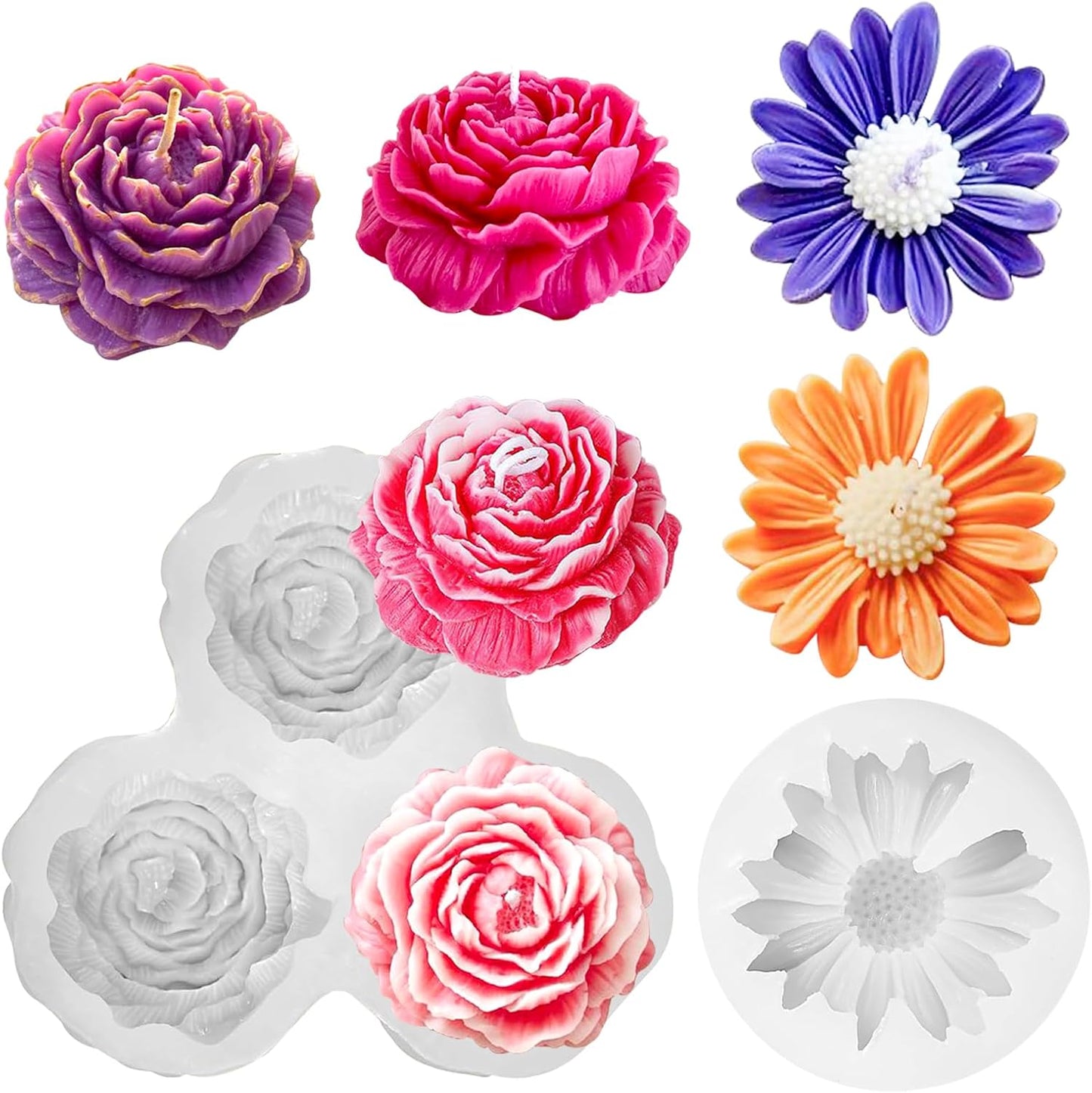 JDH 2PCS Peony Candle Mold Daisy Flower Silicone Molds,3D Flower Fondant Mold for DIY Epoxy Resin Casting Handmade Soap Ice Epoxy Resin Concrete Valentine's Day Mother's Day