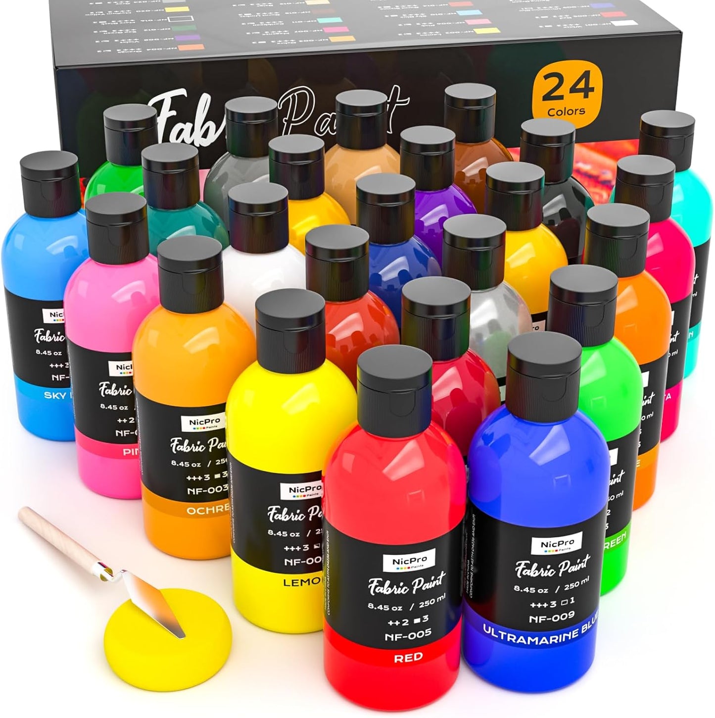 Nicpro 24 Colors Permanent Fabric Paint (8.45 oz, 250 ml) Soft Fabric Paint for Clothes, Non-Toxic Textile Paint for Fabric DIY Crafts, T-shirts, Shoes Jeans Bags Canvas for Adult with Color Wheel