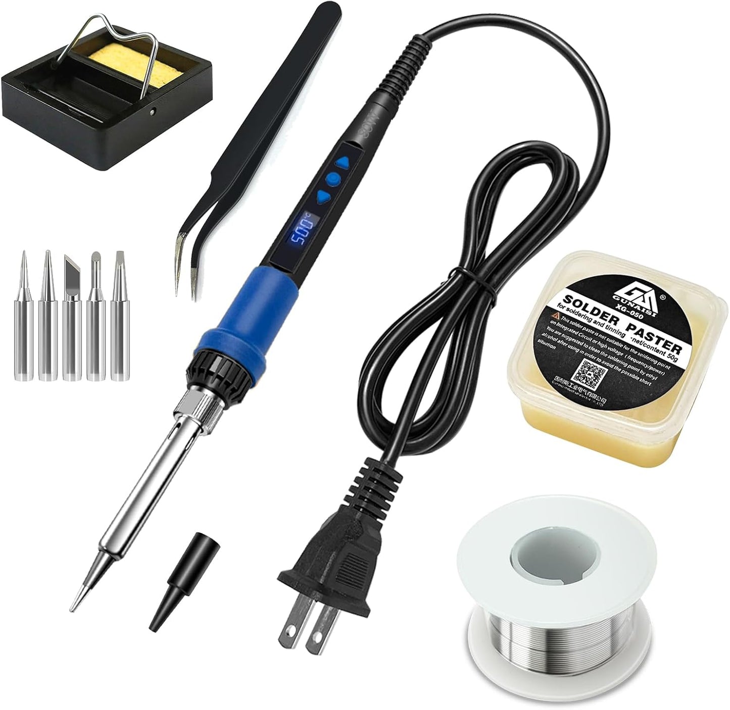 Soldering Iron Kit,80W LED Display Adjustable Temperature Soldering Iron Kit with Automatic Sleep Mode, Includes 5 Tips, Solder Wire, Stand, Flux - Professional Blue Welding Tool for Repair and DIY