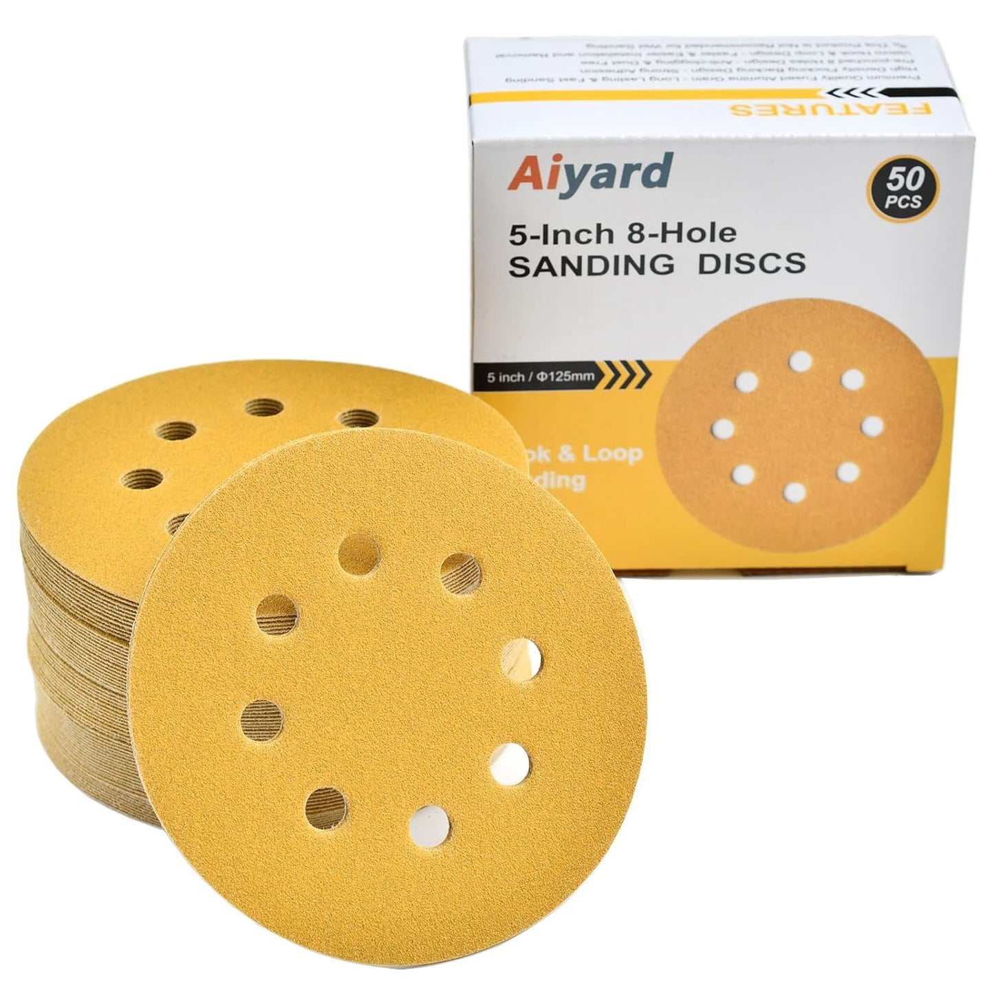 5-Inch 8-Hole Hook and Loop Sanding Discs 150-Grit Random Orbit Sandpaper, 50-Pack
