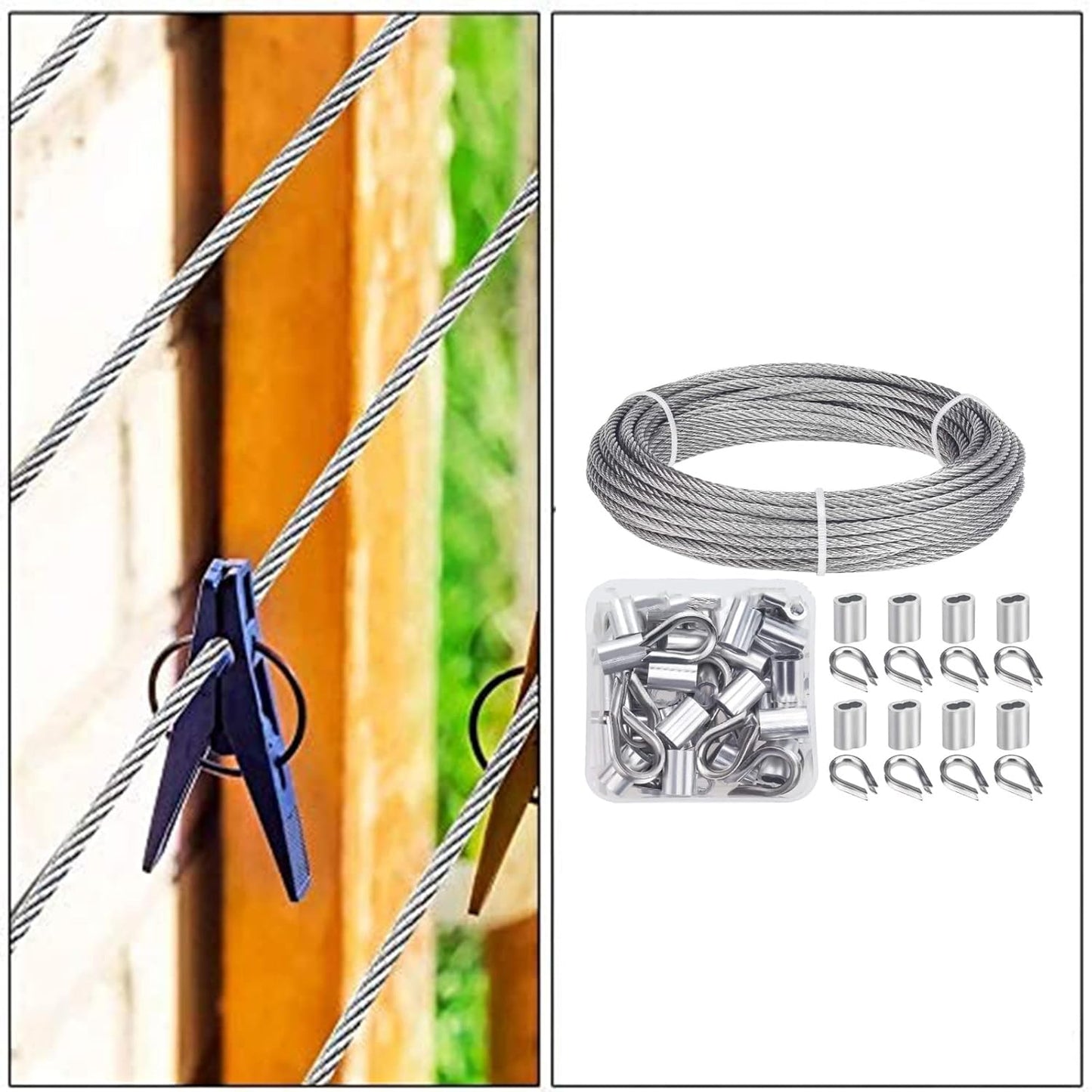 1/8 inch Wire Rope Kit, Haploon 33ft Wire Cable Rope Stainless Steel Cable Railing kit, 50 Pcs Aluminum Crimp Sleeves and 12 Pcs Thimble for Decking,Railing,DIY Outdoor Shades, Picture Hanging