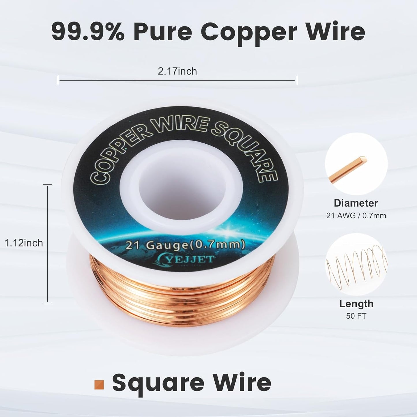 21 AWG Square Copper Wire - 0.72x0.72mm Ultra-Fine Jewelry Wire, 50ft - Bulk Spool for Wire Weaving, Crafters, and Small Electronics