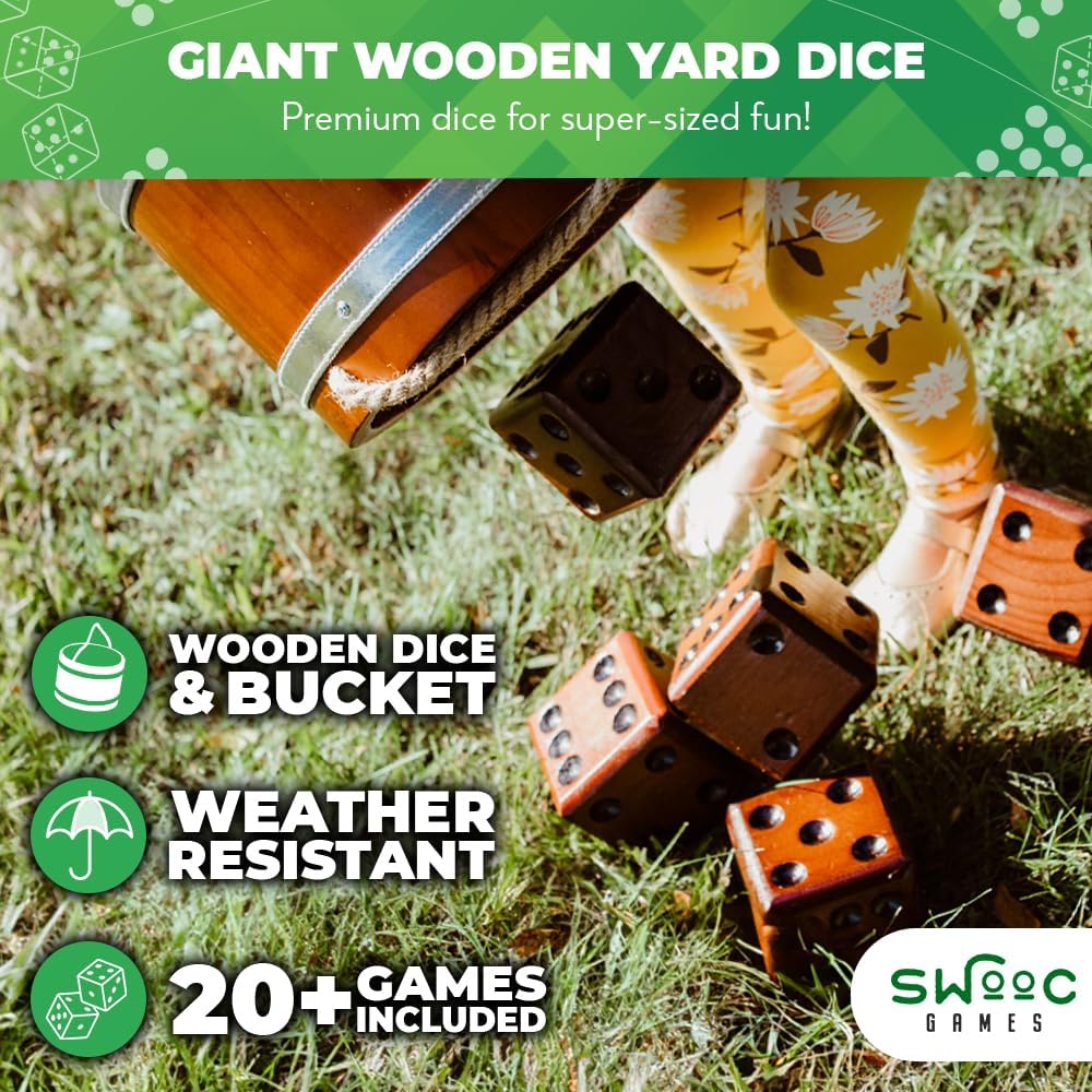 SWOOC Games - Yardzee, Farkle & 20+ Giant Dice Games (All Weather) Yard Dice with Wooden Bucket, 5 Scorecards & Marker - Jumbo Dice Yard Game - Extra Large Yard Games for Adults - Jumbo Lawn Games