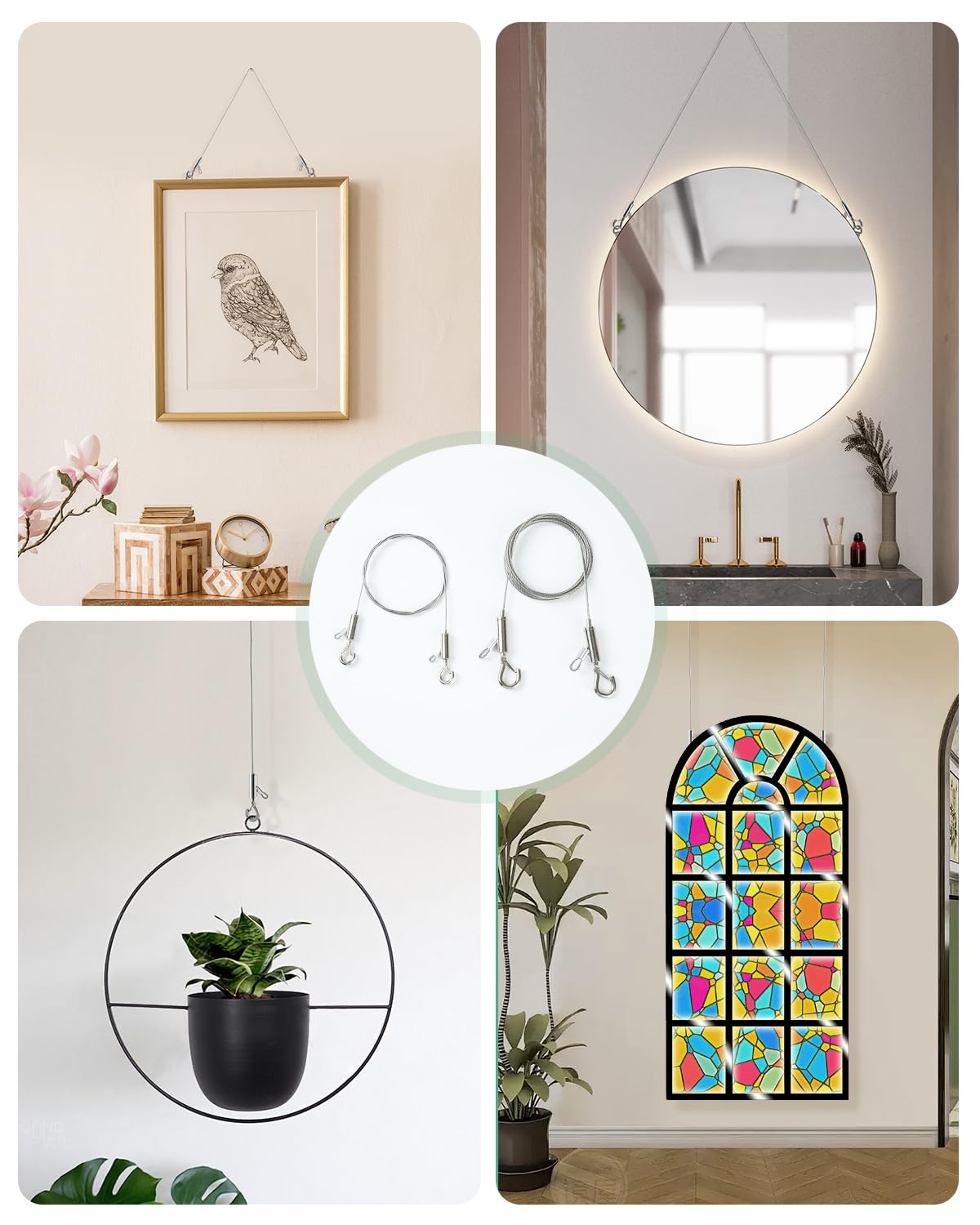 2PCS Picture Hanging Wire Adjustable 1m x 1mm Small Hooks, Picture Frame Wire Kit Heavy Duty 50lbs, Stainless Steel for Art, Mirror, Light Lamp, Billboards, Basket Flowerpot