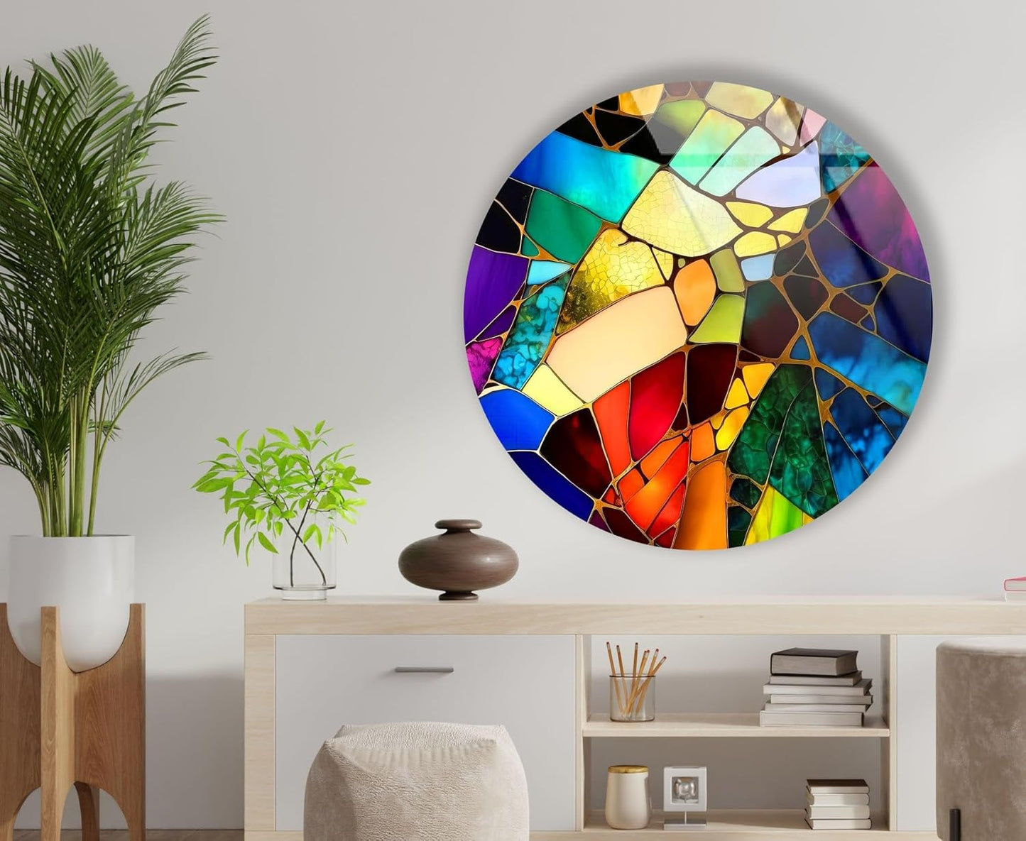 My Photostation.com 20''(50cm) Diameter Multicolor Round Stained Glass Wall Art Vibrant Mosaic Abstract Panel Tempered Glass Printing Wall Decor Large Wall Art Wall Hangings