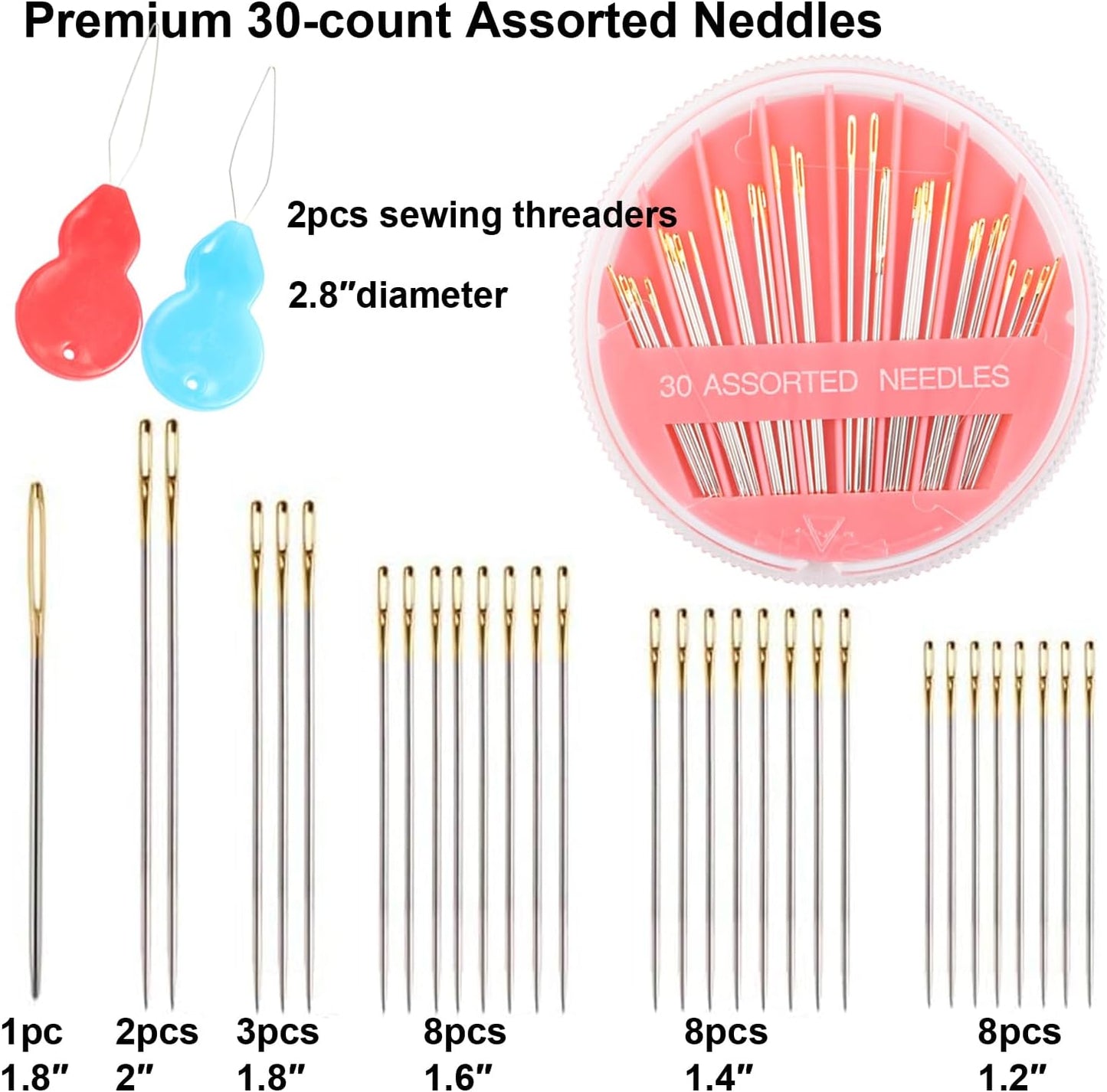 Eketirry Premium Hand Sewing Needles，4 Pack 30-Count Assorted Needles for Sewing Repair, 6 Different Sizes Sewing Needles with 2 Threaders (Pink, 4)