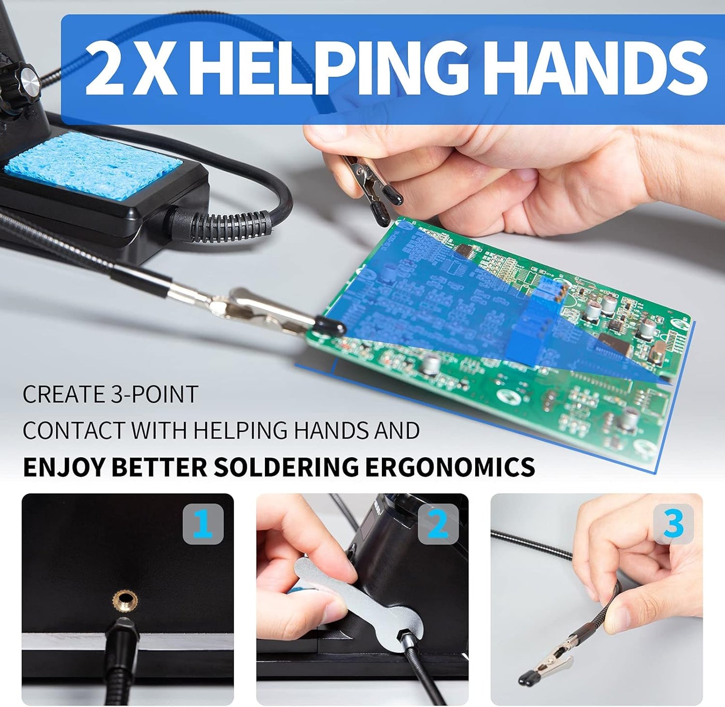 YIHUA 926 III 60W Digital Display Soldering Iron Station Kit w 2 Helping Hands, 6 Extra Iron Tips, Lead-Free Solder, Solder Sucker, S/S Tweezers, °C/ºF Conversion, Auto Sleep & Calibration Support
