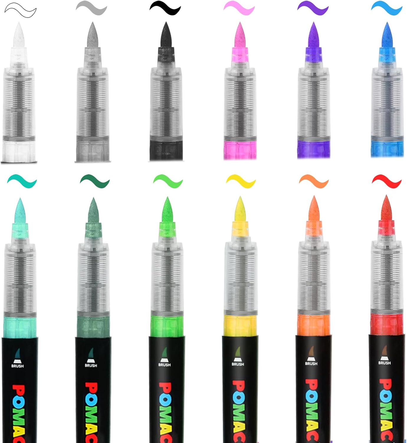 POMAC Acrylic Paint Markers Pens 12 Assorted Colors, Water-Based Paint Markers Brush Tip, No-Bleed Liquid Acrylic Marker Pens Waterproof for Fabric, Canvas, Rock, Glass, Wood, DIY Crafts, Art Supplies