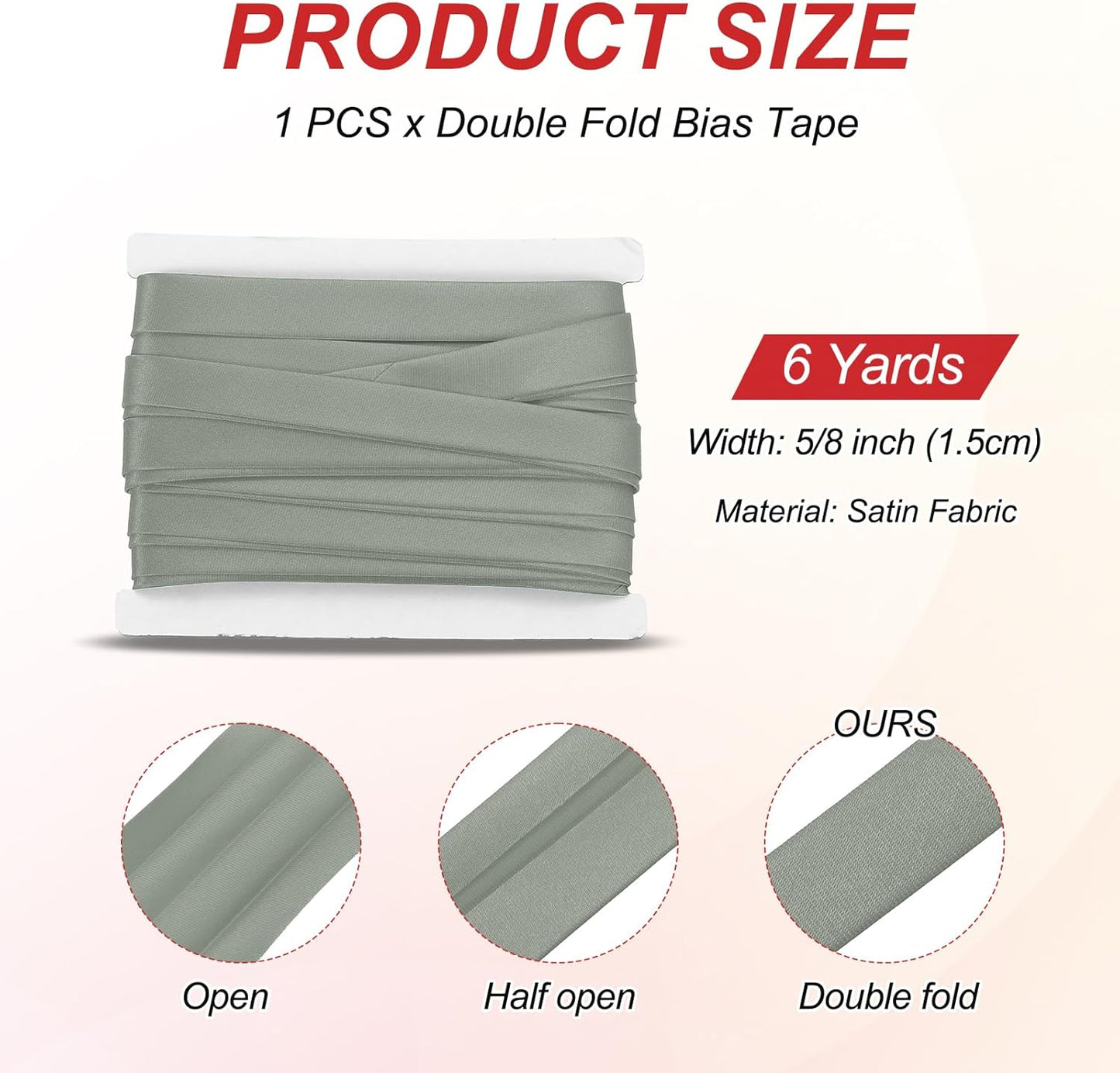 MECCANIXITY Double Fold Bias Tape for Sewing 5/8 Inch x 6 Yards Satin Pre-fold Continuous Binding Tape for Seaming Quilting Hemming Binding DIY Crafts, Gray