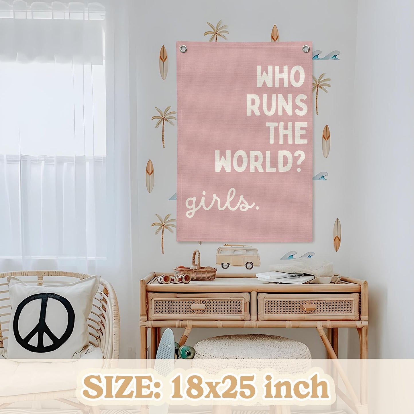 Girls Room Decor for Nursery Decor Linen Canvas Banner,Pink Who Runs The World Girl,Inspirational Wall Hanging Flag Banner for Baby Kids Girl Bedroom Dorm 18x25 Inch