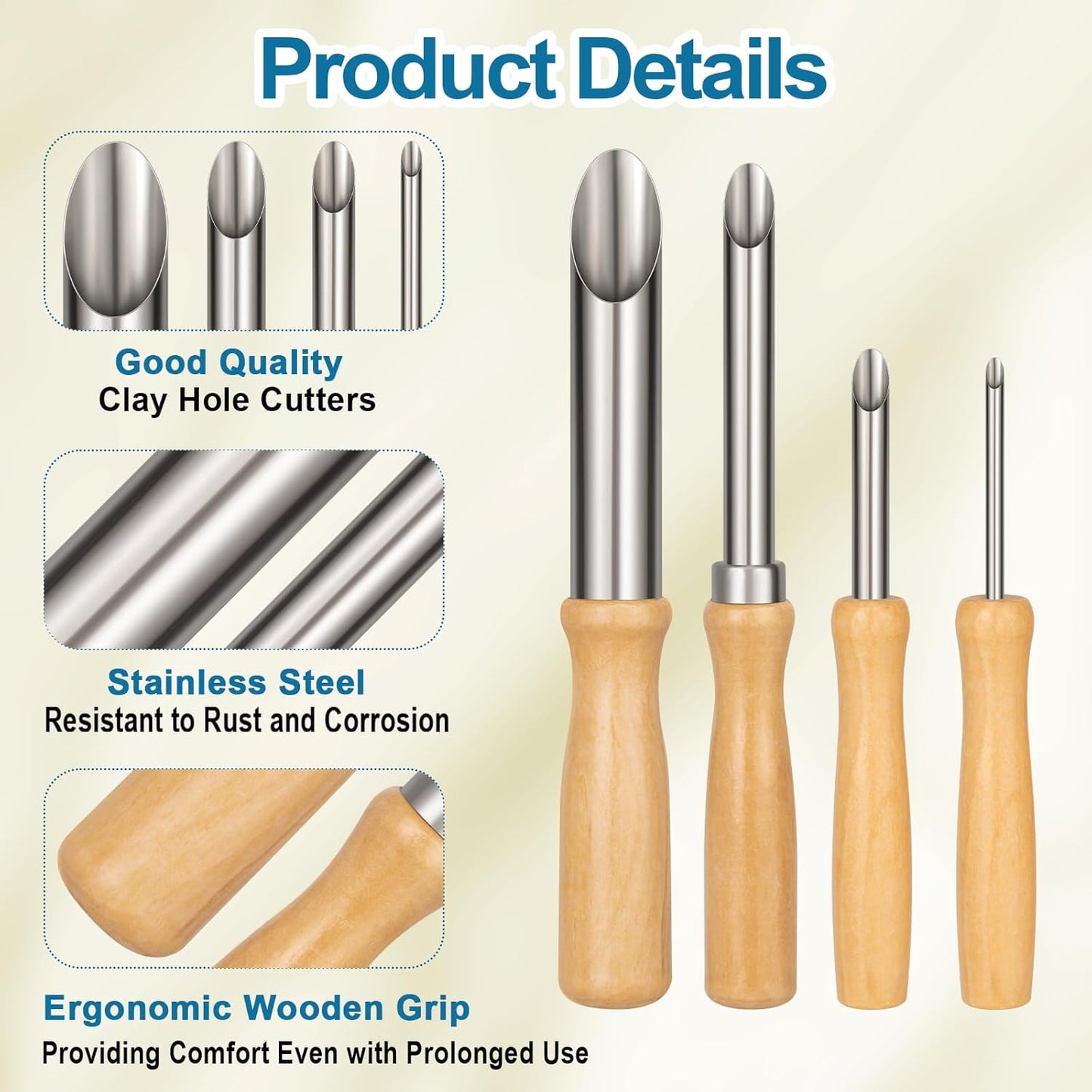 Amrules Clay Tools Kit, 4 PCS Circular Clay Hole Cutters Tools, Wooden Handle and Stainless Steel Sculpting Tools Kit Suitable for Drilling, Carving, Pottery Craft and DIY Projects