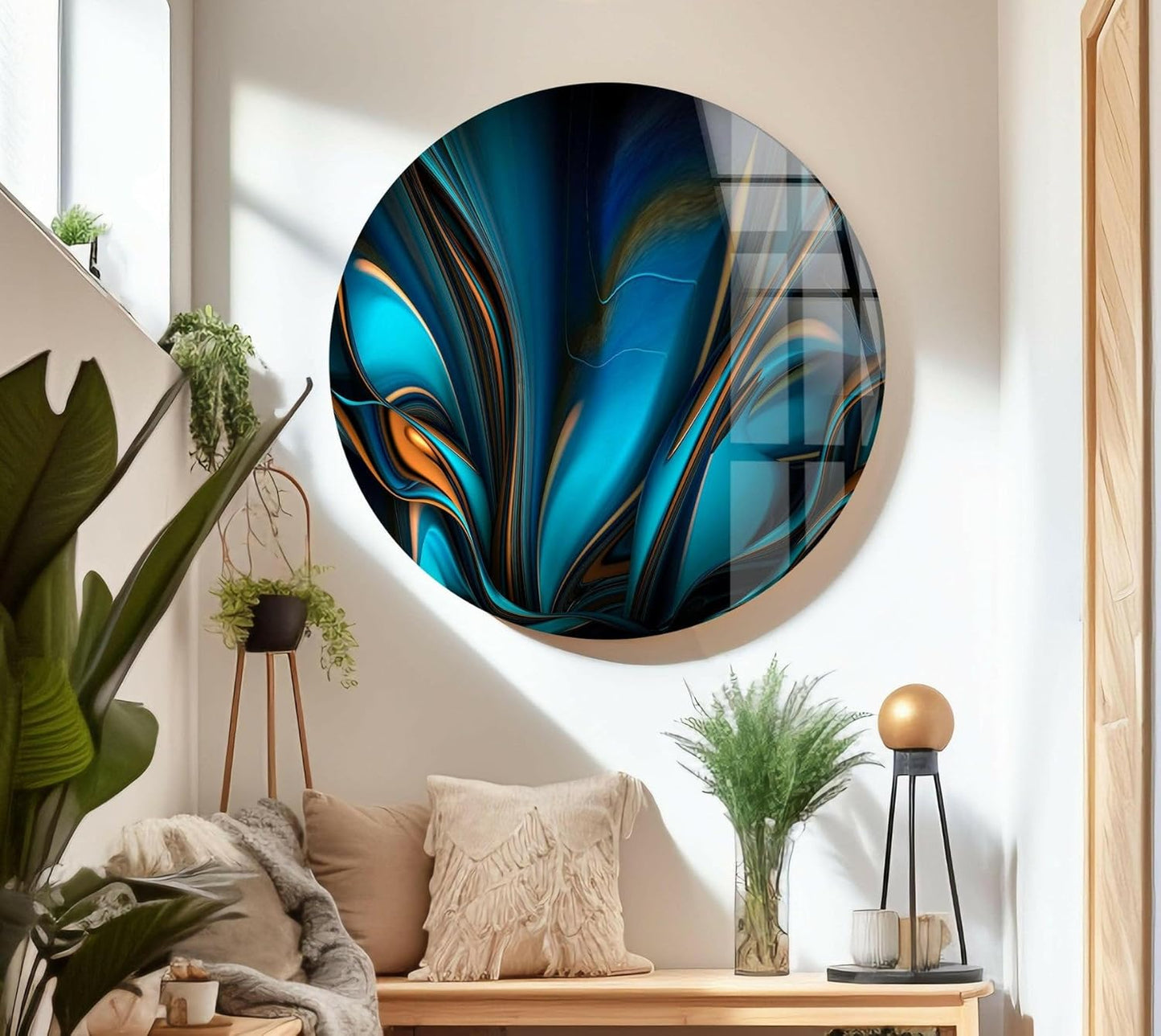 My Photostation.com Round 31,5'' Orange & Blue Abstract Glass Wall ArtTempered Glass Printing Wall Decor Large Wall Art Wall Hangings