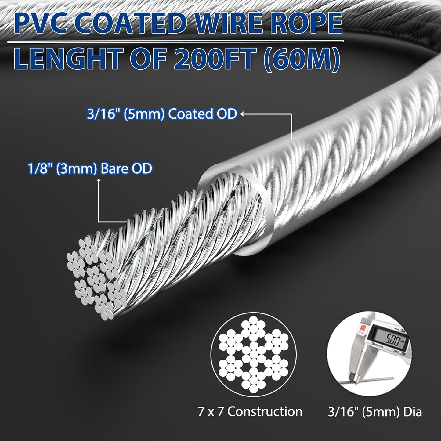 3/16" Wire Rope, 200Ft PVC Coated Steel Cable 7×7 Strand Core, Ideal Cable Railing System for Stair Handrail Balusters Porch Fence Deck, String Light Hanging, Clothesline, Curtains, Shade Sail