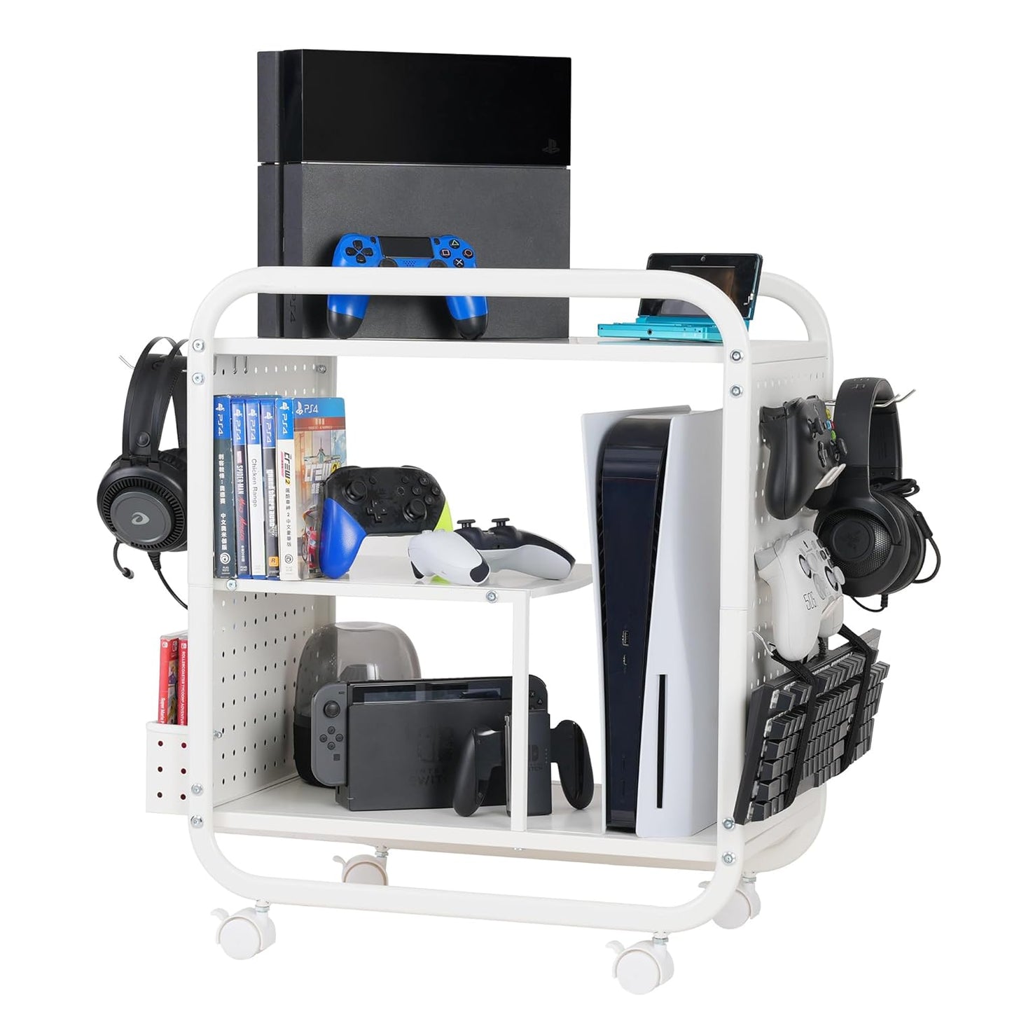 PLKOW Video Game Organizer, Rolling Video Game Storage Rack for Xbox/Switch/PS4/PS5 Accessories, Game Consoles Stand Controllers Holder, Perfect Holiday Present (White)