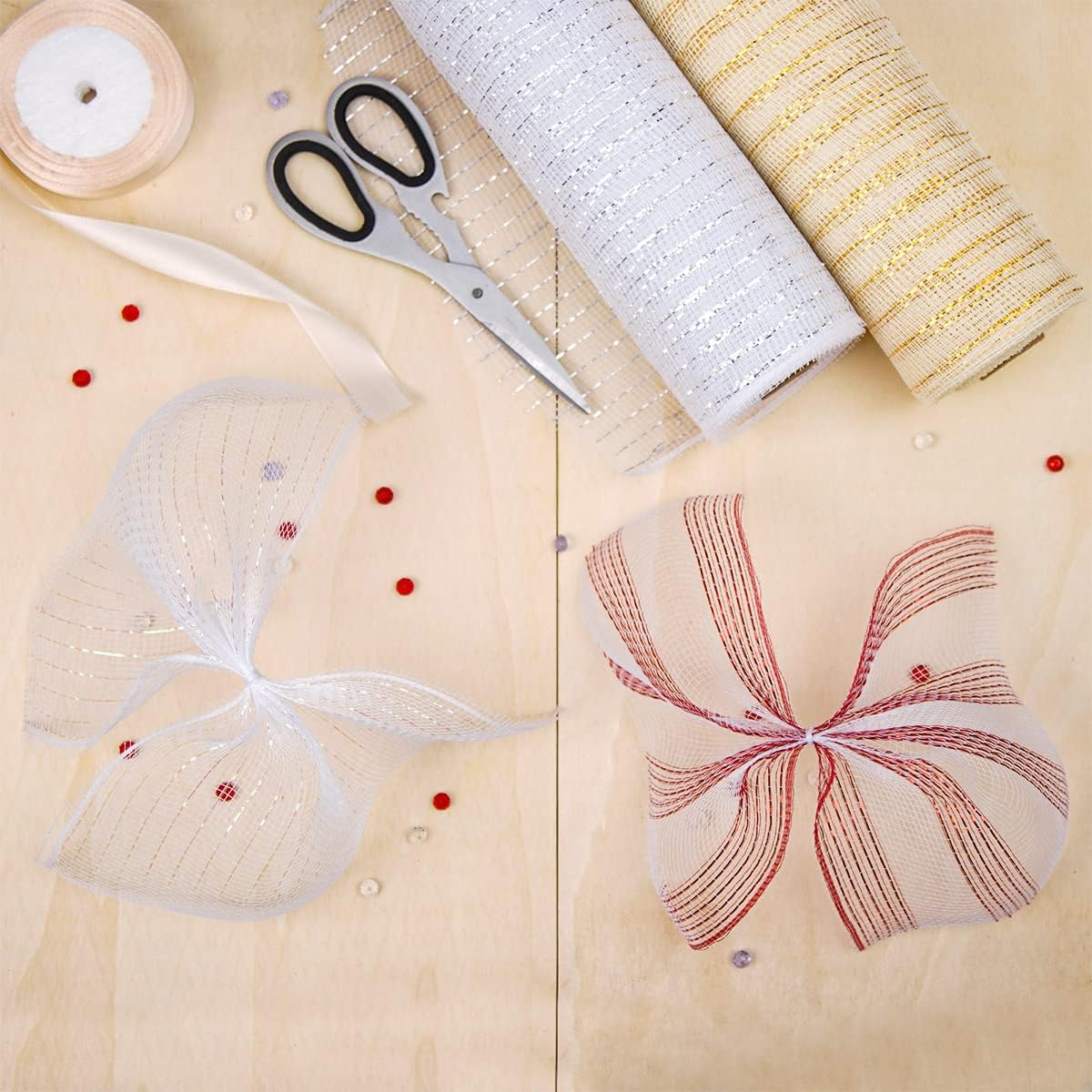 Anivia Deco Mesh Ribbon, 10inch x 30 Feet Each Roll Metallic Foil Mesh Ribbon for Wreaths Swags, Holloween, and Christmas Tree Decoration (Natural)