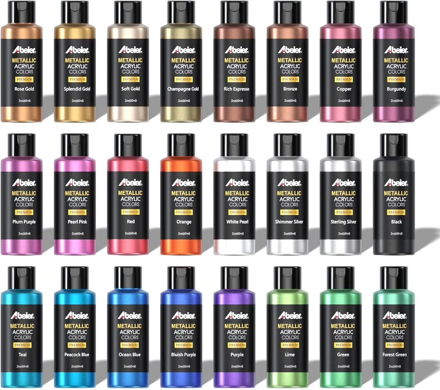 ABEIER Metallic Acrylic Paint, Set of 24 Metallic Colors in 2oz/60ml Bottle, Rich Pigments, Non Fading, Non Toxic Paints for Artist, Beginners & Kids Painting on Rocks Crafts Canvas Wood, Fabric&Stone