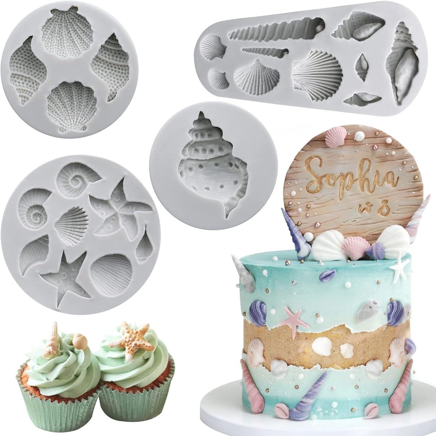 Sakolla Marine Theme Fondant Molds, 4 PCS Seashell Conch Starfish Baking Silicone Molds for Cake Decoration Chocolate Soap Crafting