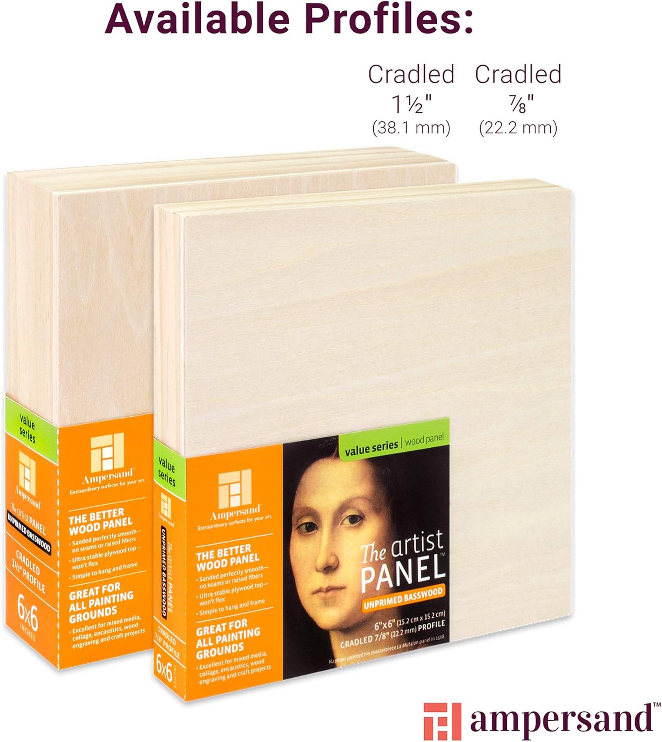 Ampersand Art Supply Unprimed Basswood Artist Panel, 1-1/2" Cradled Profile 8"x8"