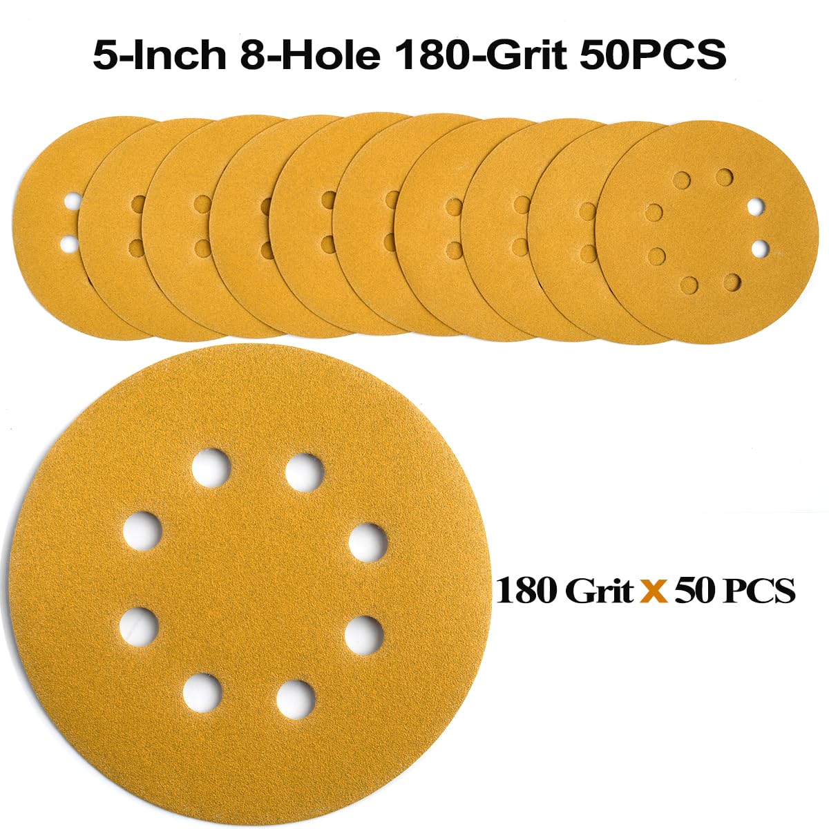 5-Inch 8-Hole Hook and Loop Sanding Discs 180-Grit Random Orbit Sandpaper, 50-Pack