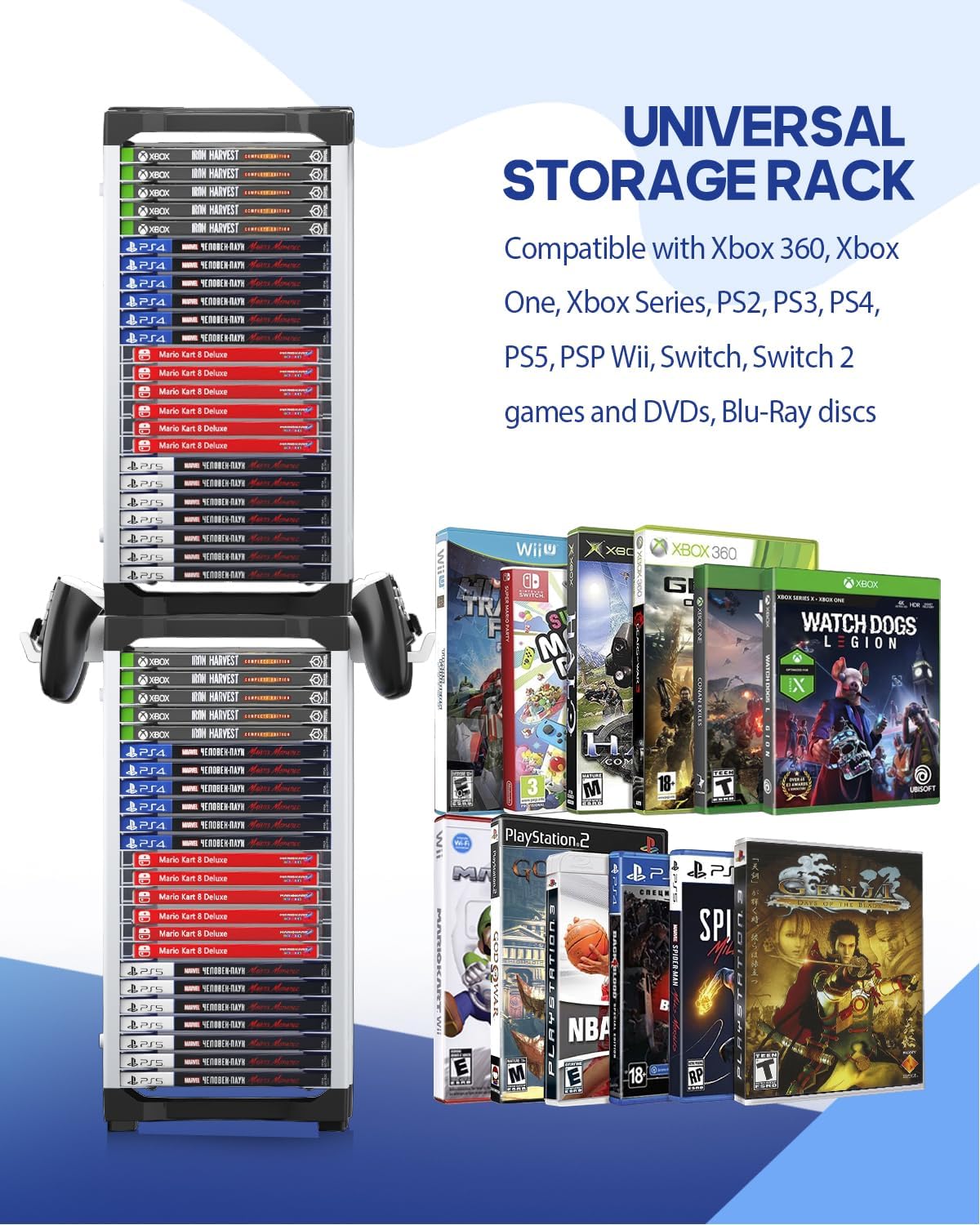 Nargos Video Game Storage Tower for PS5/ PS4/ PS3/ PS2/ PSP/Xbox One/Xbox 360 and Xbox Series X/S/Wii/Wii U/Switch/Switch 2 Game Cases, DVD and Blu-Ray Disks Holder Organizer (46 PCS)