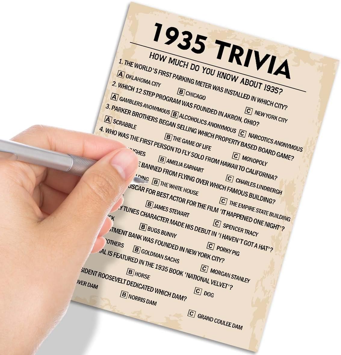QUPT 90th Birthday Party Games, 1935 Trivia Games, Birthday Party Supplies for Adults, Fun 1935s Party Game，Pack of 30 Cards