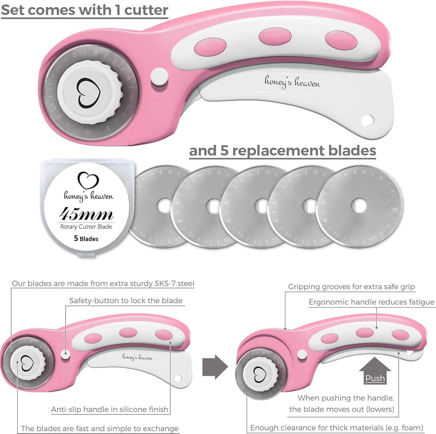 Rotary Cutter Set pink - Quilting Kit incl. 45mm Fabric Cutter, 5 Replacement Blades, A3 Cutting Mat, Acrylic Ruler and Craft Clips - Ideal for Crafting, Sewing, Patchworking, Crochet & Knitting y