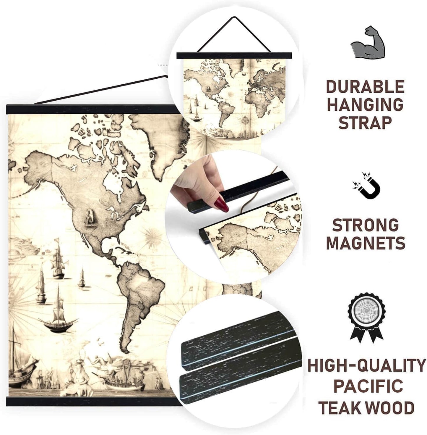 DACRI HOME 30" Wide Sturdy Magnetic Poster Hanger Frame - 30x20 30x24 30x40 Teak Wood Poster Frame for Picture Map Canvas Print Wall Art Hanging (30", Black)