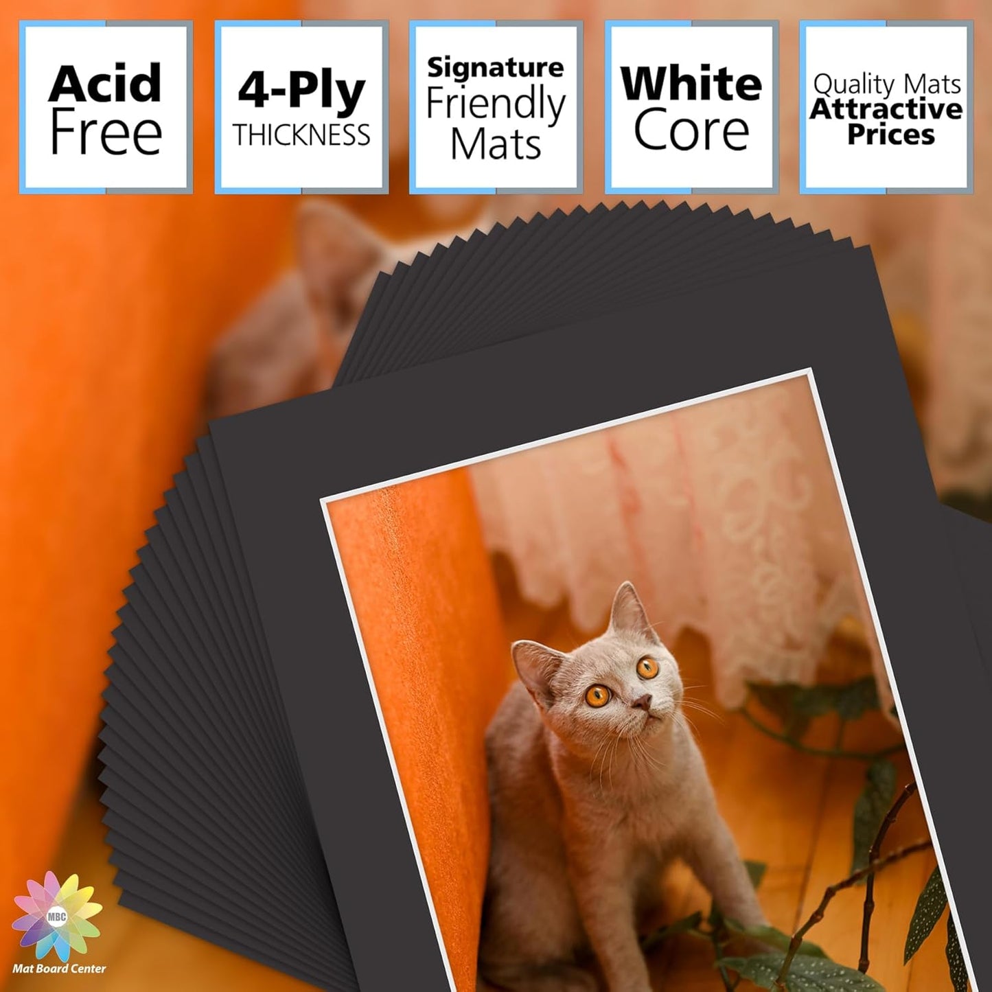 Mat Board Center, Pack of 25, 11x14 for 8.5x11 Black Mats - Acid Free, 4-ply Thickness, White Core - for Pictures, Photos, Framing