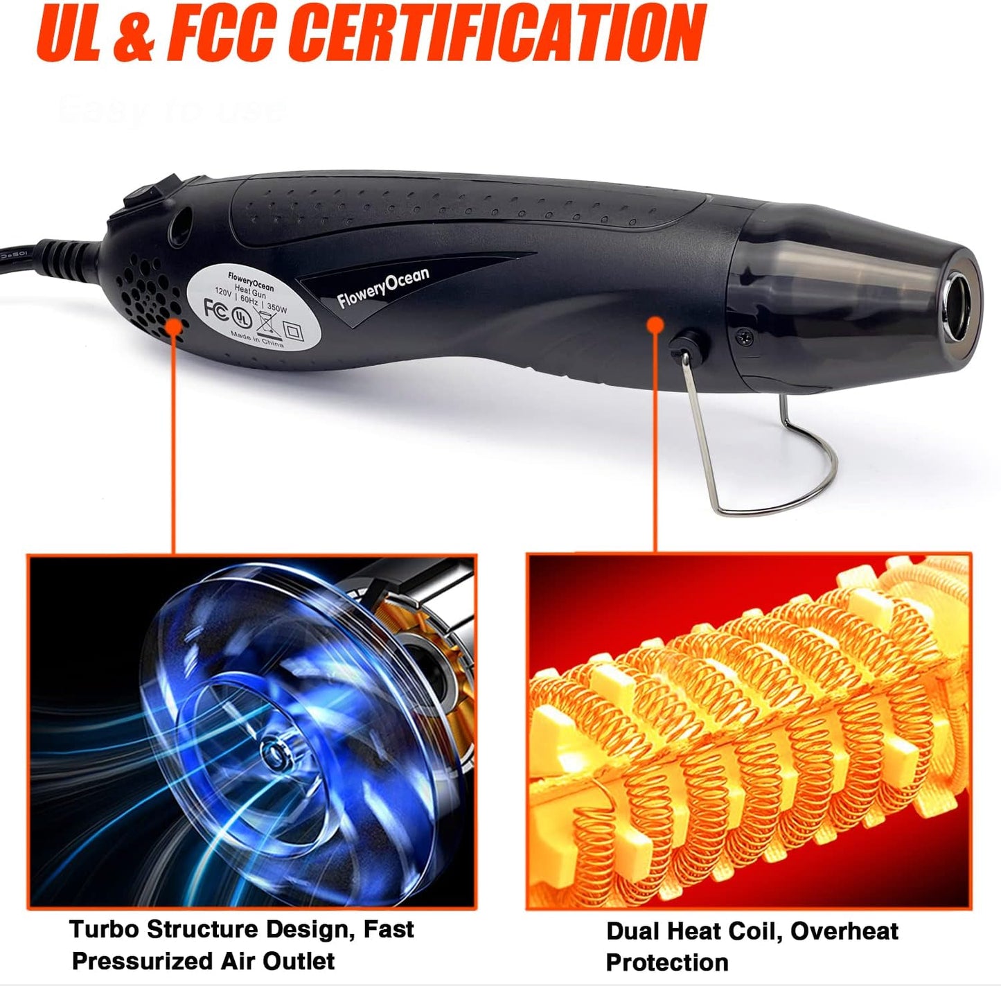 Mini Heat Gun+Reflector Nozzle Kit 350W Fast Heat Hot Air Gun Overload Protection 2 Temp Setting 392°F-662°F & 6.6Ft Long Cable for Craft Shrink WrappingTubing Stripping Paint