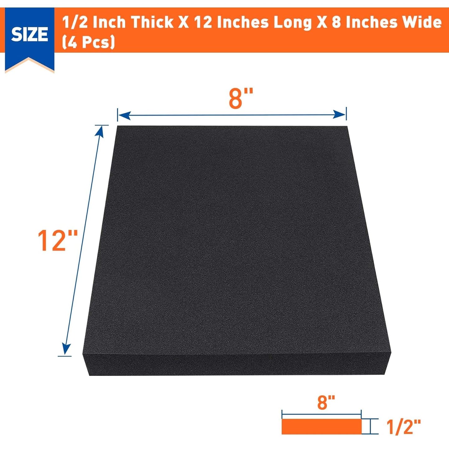 MAGZO 4Pcs Adhesive Foam Padding 1/2 in Thick X 12 in X 8 in,Closed Cell Foam Sheets Neoprene Rubber Self Stick Pads Anti Vibration Pads,Black (12in x 8in x 1/2in, 4Pcs)