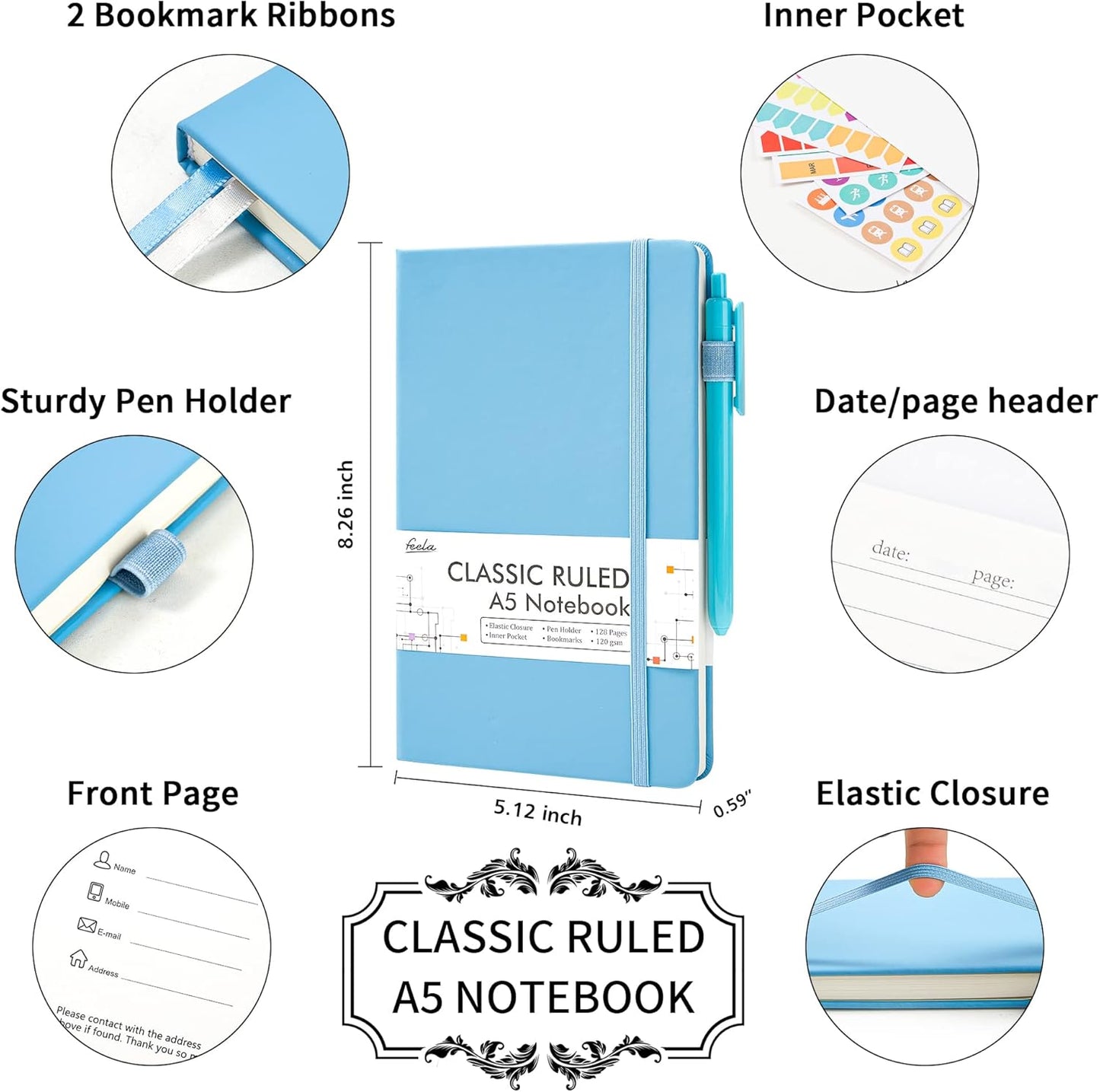 feela 5 Pack Notebooks Journals Bulk, Hardcover Classic Ruled Lined Journals with Pen Holder for Women Girls School Business Supplies, with 5 Black Pens, 120 GSM, 5.1”x8.3”, A5, Blue
