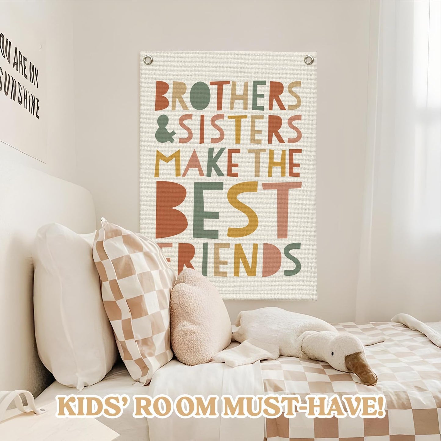 Kids Room Decor Linen Canvas Banner,Brothers & Sisters Make the Best Friends Wall Hanging Pennant Flag for Nursery,Bedroom,Playroom,Game Room Front Door,18x25 Inch