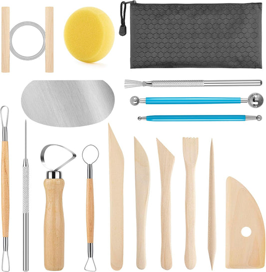 Pottery Tool Kit, 17pcs Polymer Clay Tools, Modeling Clay Sculpting Tools Kit, Ceramics Tools, Trimming, Embossing Pattern, Smooth Wooden Handles