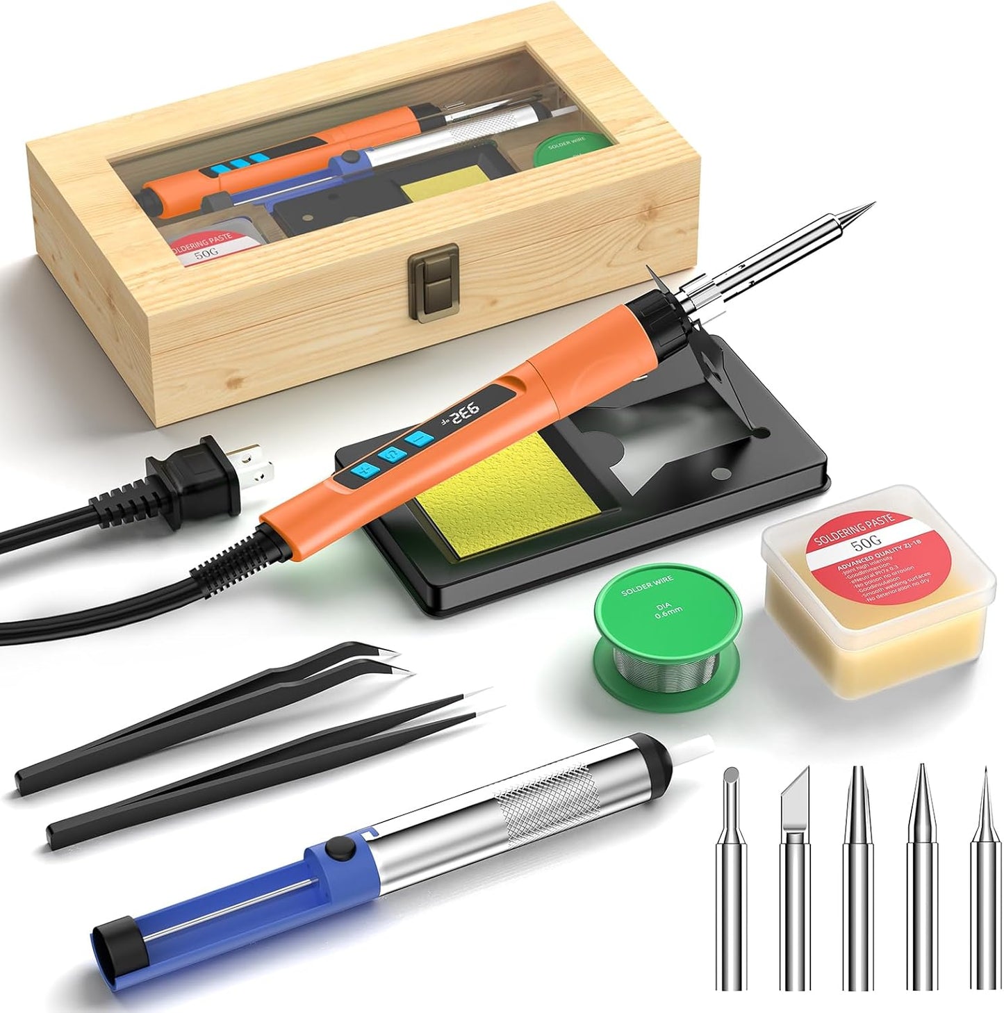 Soldering Iron Kit, 190W Soldering Gun, 110V LED Solder Kit for Electronics, Adjustable Temperature 356-932℉, Includes Solder Wire, Sucker, Tips, Stand, Tweezers, Paste and Solid Wood Box, Orange