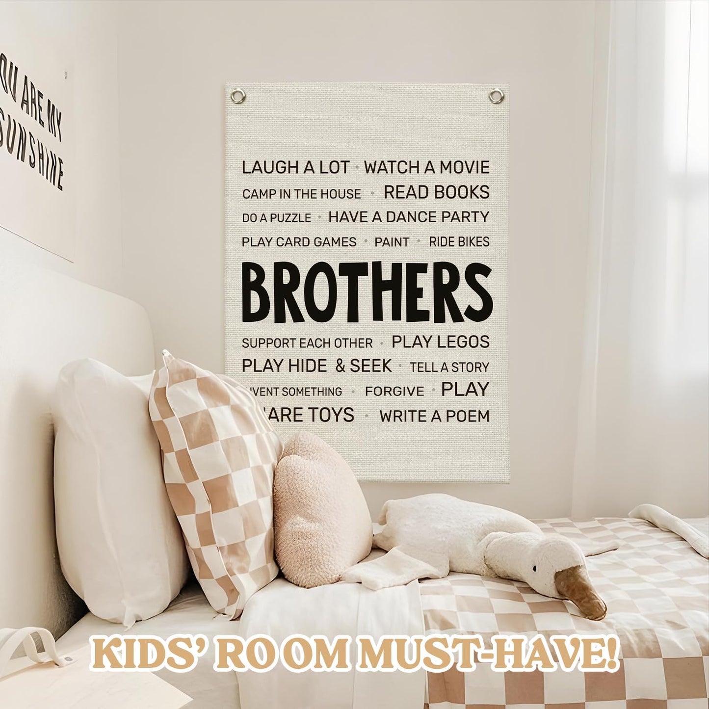 Boys Room Decor,Brothers Make The Best Friends Toddler Room Banner,Playroom Linen Canvas Wall Hanging Flag Decor for Nursery,Playroom,Bedroom,Living Room 18x25 Inch