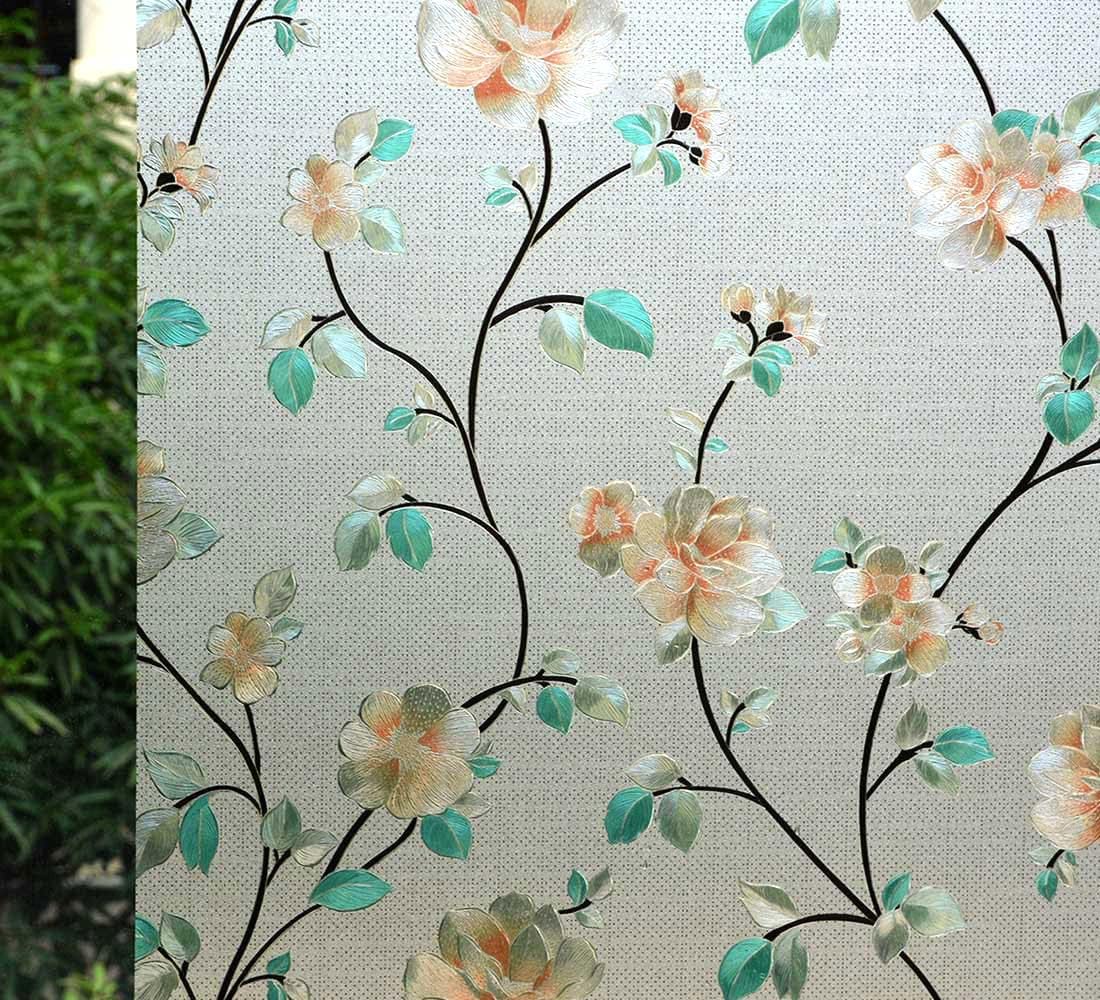 VSUDO Static Cling Decorative Window Privacy Film – Frosted Privacy Window Film with Jasmine Floral & Stained Glass Design, Adhesive-Free Tint for Home, Bathroom & Office (29.5" x 157.5")