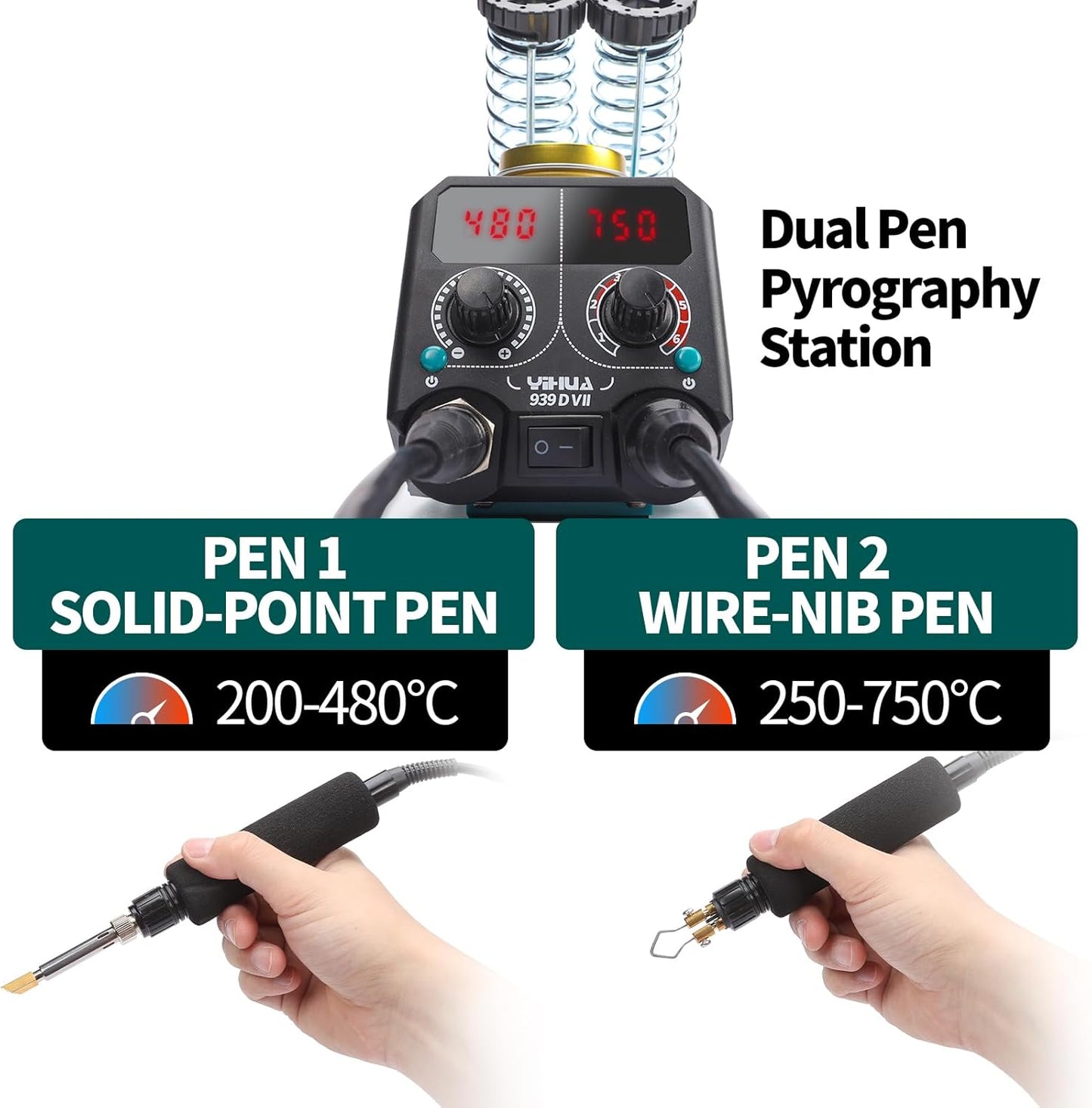 YIHUA 939D-VII Pyrography Tool Wood Burning Pen Kit Station 2-in-1 Solid-Point 200~480°C (with Temp Display)/Wire-Nib 250~750°C with 23 Nibs, 25 Solid Points, 4 Woodpieces