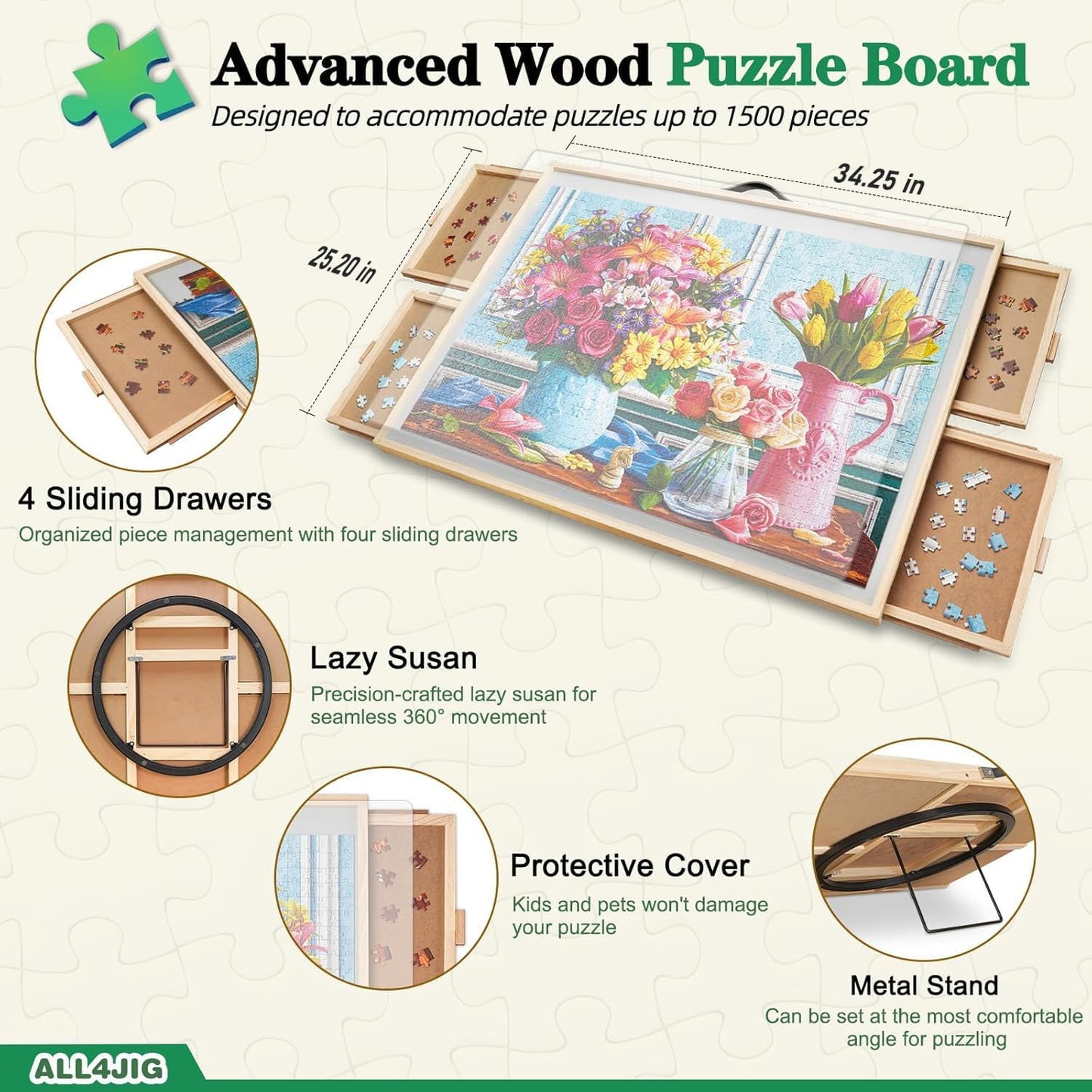 ALL4JIG 1500 Pieces 2-in-1 Tilting & Rotating Puzzle Board, 34.2" x 25.2"Adjustable Angle Puzzle Board with 4 Drawers & Clear Protective Cover, Birthday Gift for mom