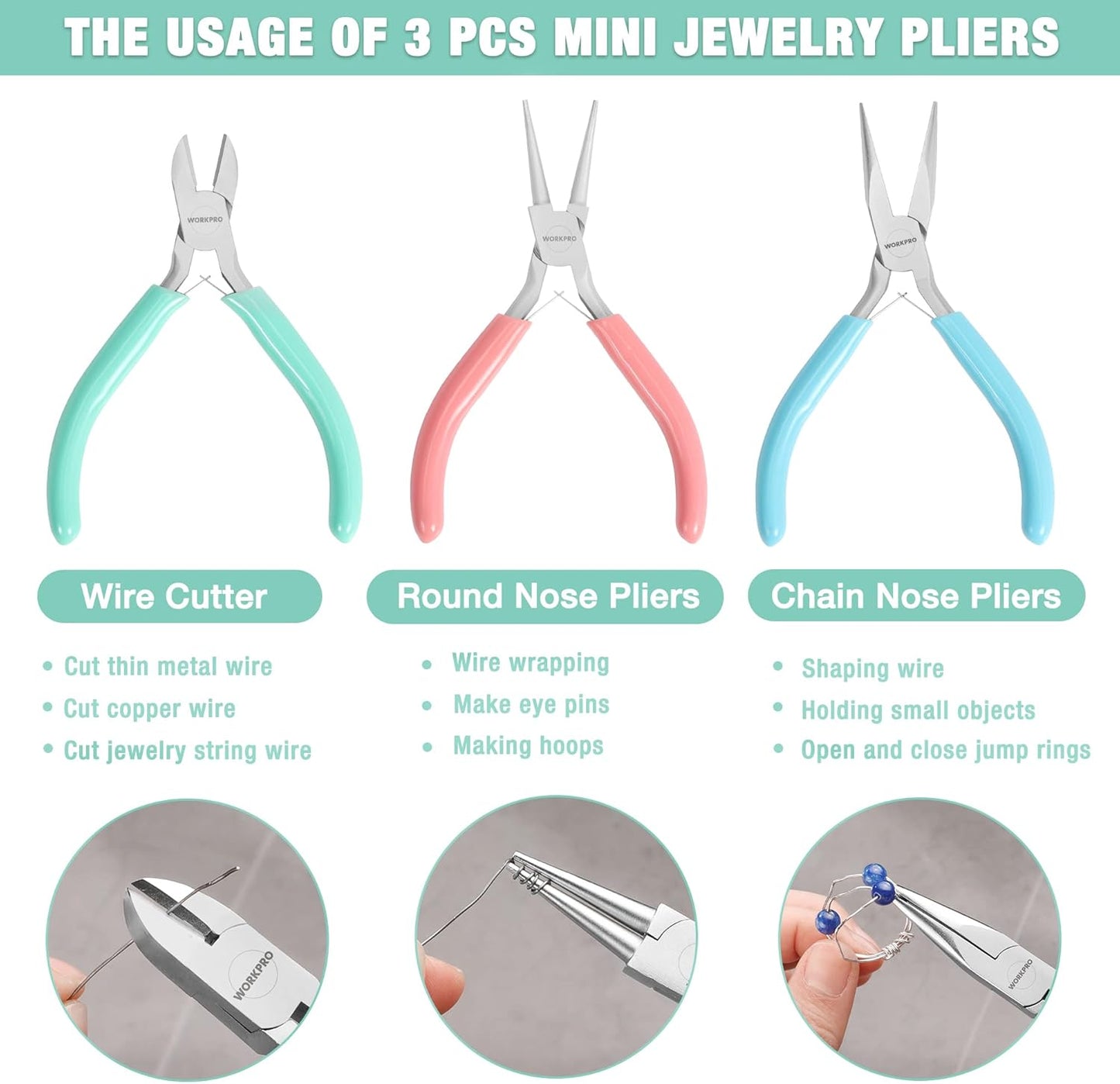 WORKPRO Jewelry Pliers Set, 3 Pack Jewelry Making Tool Kit Includes Mini Needle Nose Plier/Chain Nose Plier, Round Nose Plier and Wire Cutter for Jewelry Repair, DIY Crafts, Jewelry Making Supplies