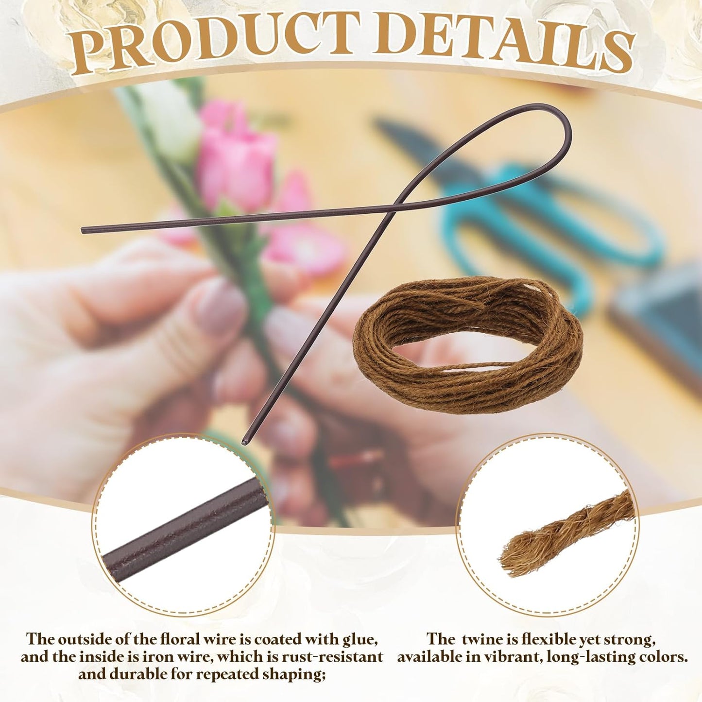uxcell 100Pcs 2 Gauge Floral Wire, 11.81" Length Flower Stem Wires with 0.08" x 32.8ft Twine for Wreath Making, Flower Arrangement, Brown
