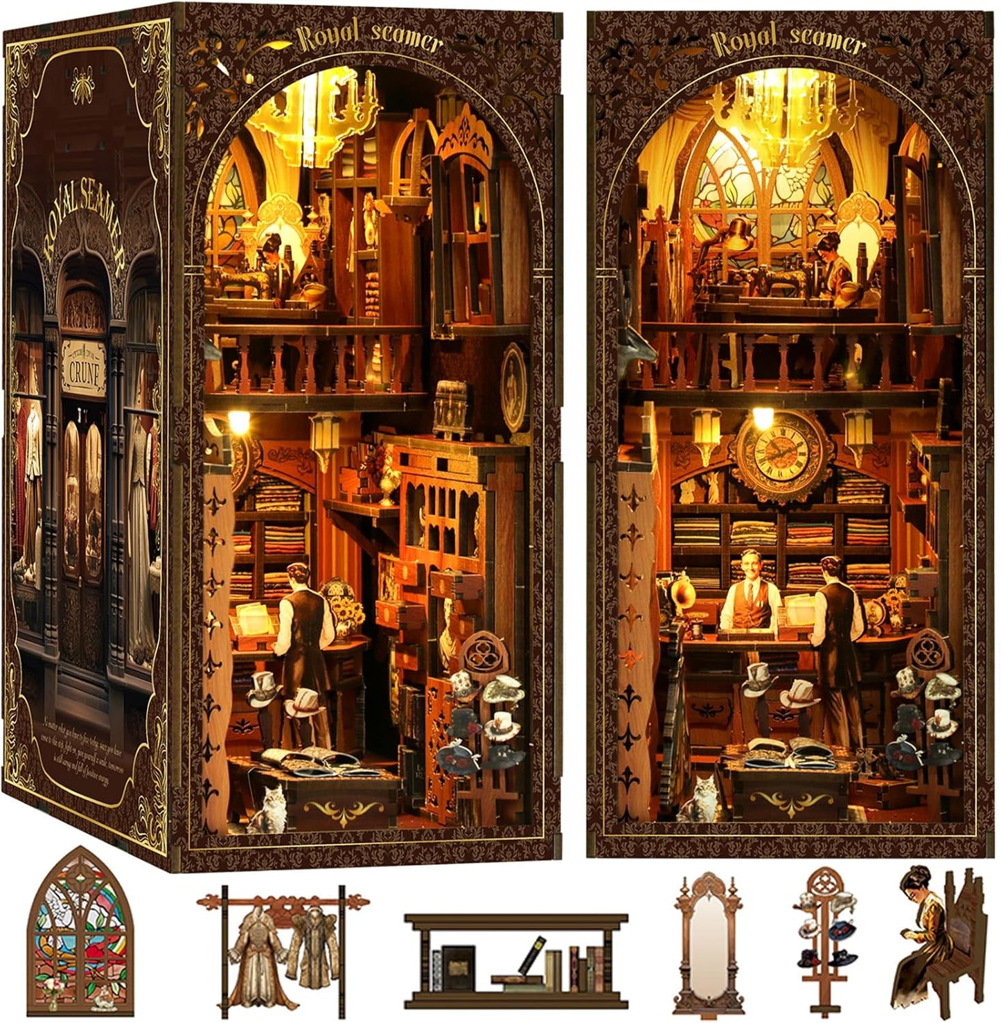 [2025 New Royal Seamer Book Nook Kit with Dust Cover & LED Light, DIY Miniature House Kit Toy, 3D Wooden Puzzle Bookshelf Decor Building Kit, Birthday Gifts for Family & Friends