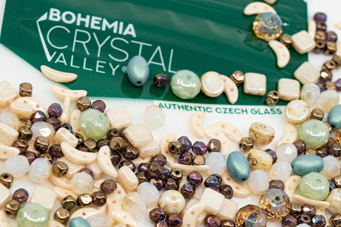 2.1oz (60 g) Mix of Unique Czech Bohemia Glass Pressed Beads, Matte and Glossy, Hand Made, Beige Blue Luster