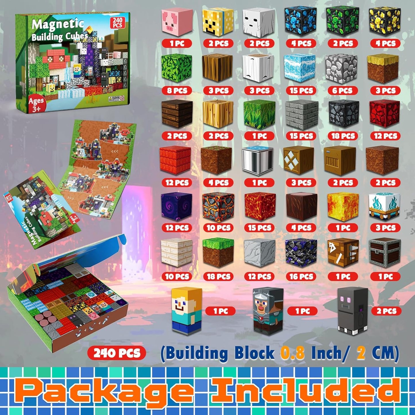 240 PCS Magnetic Blocks - Magnetic Building Block for Kids Ages 4-8, Magnet Blocks Cubes Constructions Toys for 3 4 5 6 7 8 9 10 12 Years Old Boy Girl, STEM Educational Stacking Holiday Birthday Gift