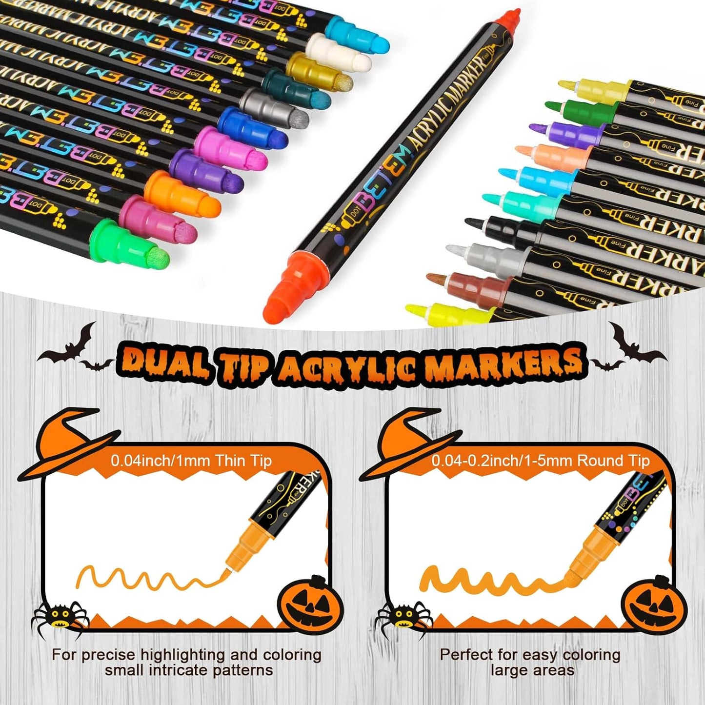 Betem 60 Colors Dual Tip Acrylic Paint Pens Markers, Premium Acrylic Paint Pens for Halloween Decorations, Wood, Canvas, Stone, Rock Painting, Glass, Ceramic Surfaces, Pumpkin Painting Kit DIY Crafts